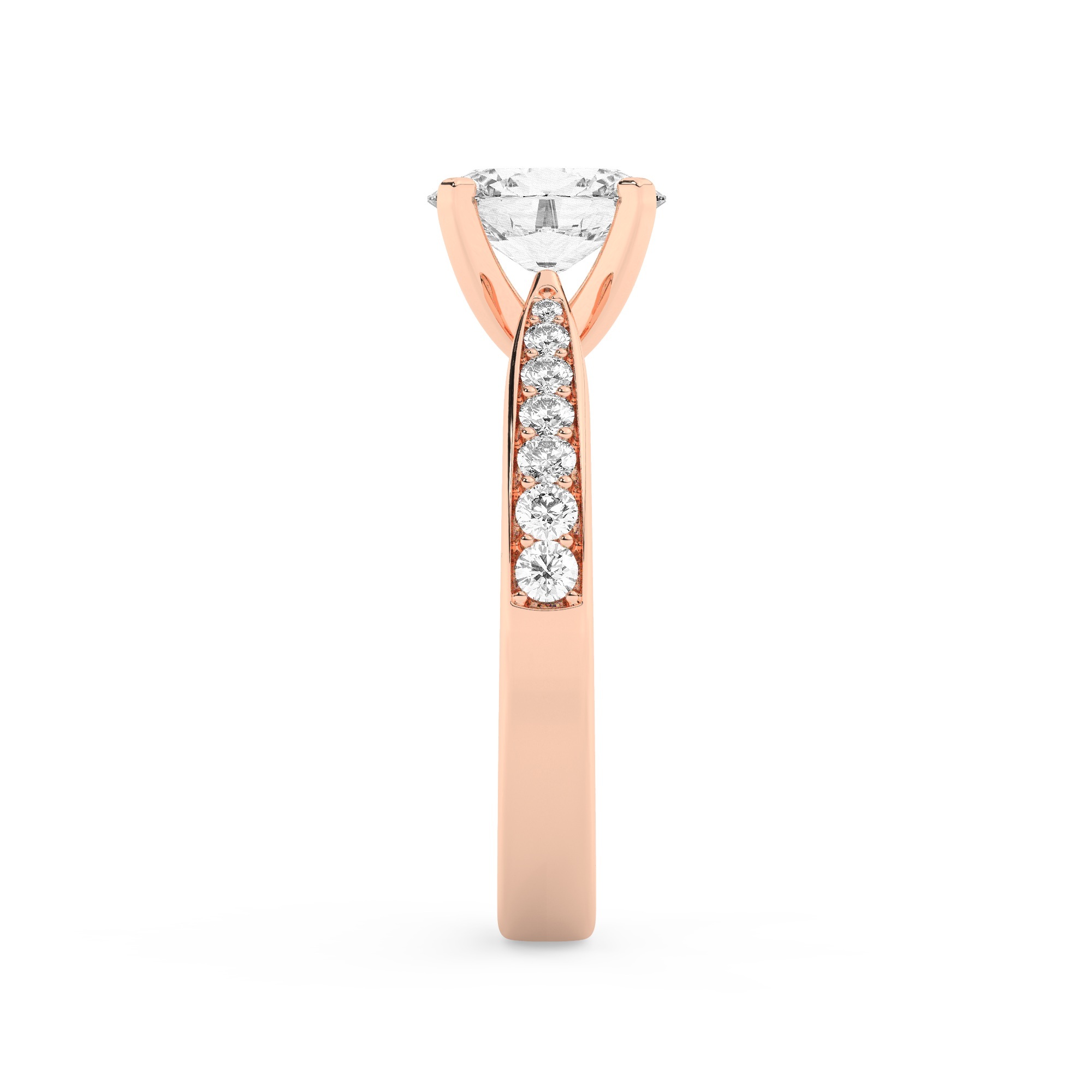 טבעת אירוסין סוליטר ומוסונייט בצדדים דגם 50017 כסף מצופה זהב אדום רוזגולד במרכז אבן מעבדה מוסונייט 1.50 קראט בחיתוך אובל עם תעודה גמולוגית בינלאומית GRA מסביב ובצדדים אבני מעבדה מוסונייט במשקל כולל של 0.15 קראט בחיתוך עגול – תמונה 4