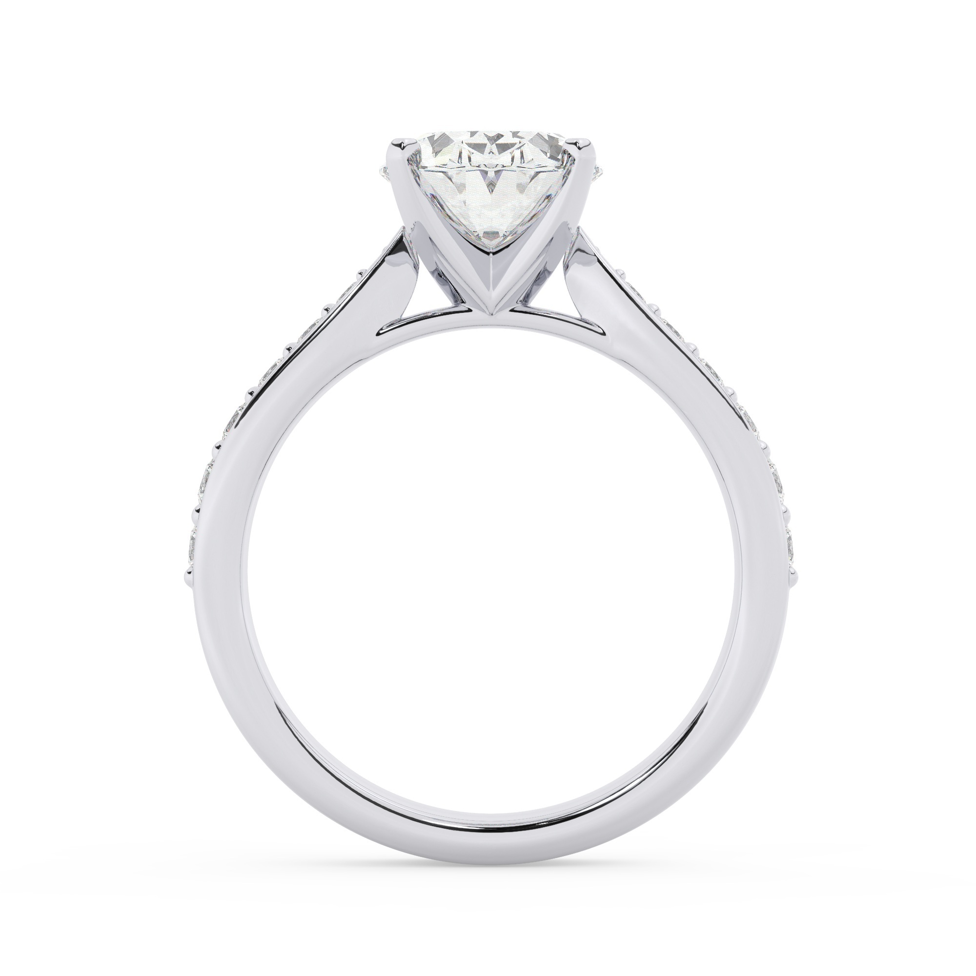 טבעת אירוסין סוליטר ויהלומים בצדדים דגם 50017 כסף מצופה זהב לבן במרכז יהלום מעבדה 2 קראט בחיתוך אובל עם תעודה גמולוגית אירופאית IGI מסביב ובצדדים יהלומי מעבדה במשקל כולל של 0.15 קראט בחיתוך עגול – תמונה 3