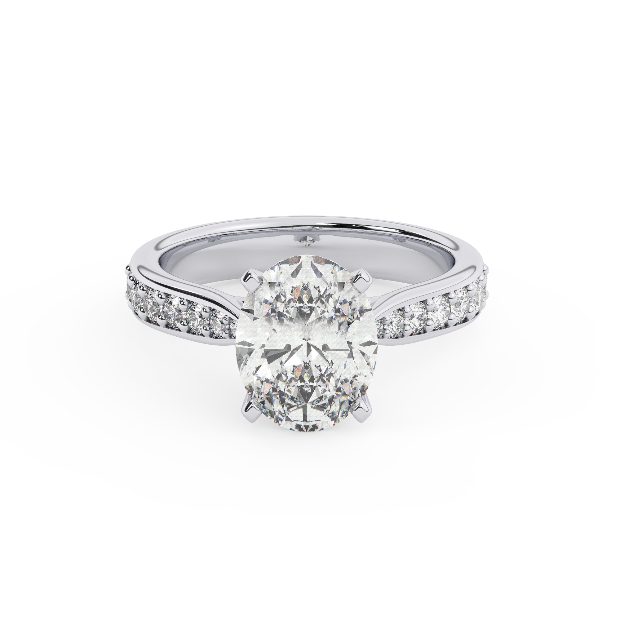 טבעת אירוסין סוליטר ויהלומים בצדדים דגם 50017 כסף מצופה זהב לבן במרכז יהלום מעבדה 2 קראט בחיתוך אובל עם תעודה גמולוגית אירופאית IGI מסביב ובצדדים יהלומי מעבדה במשקל כולל של 0.15 קראט בחיתוך עגול – תמונה 2