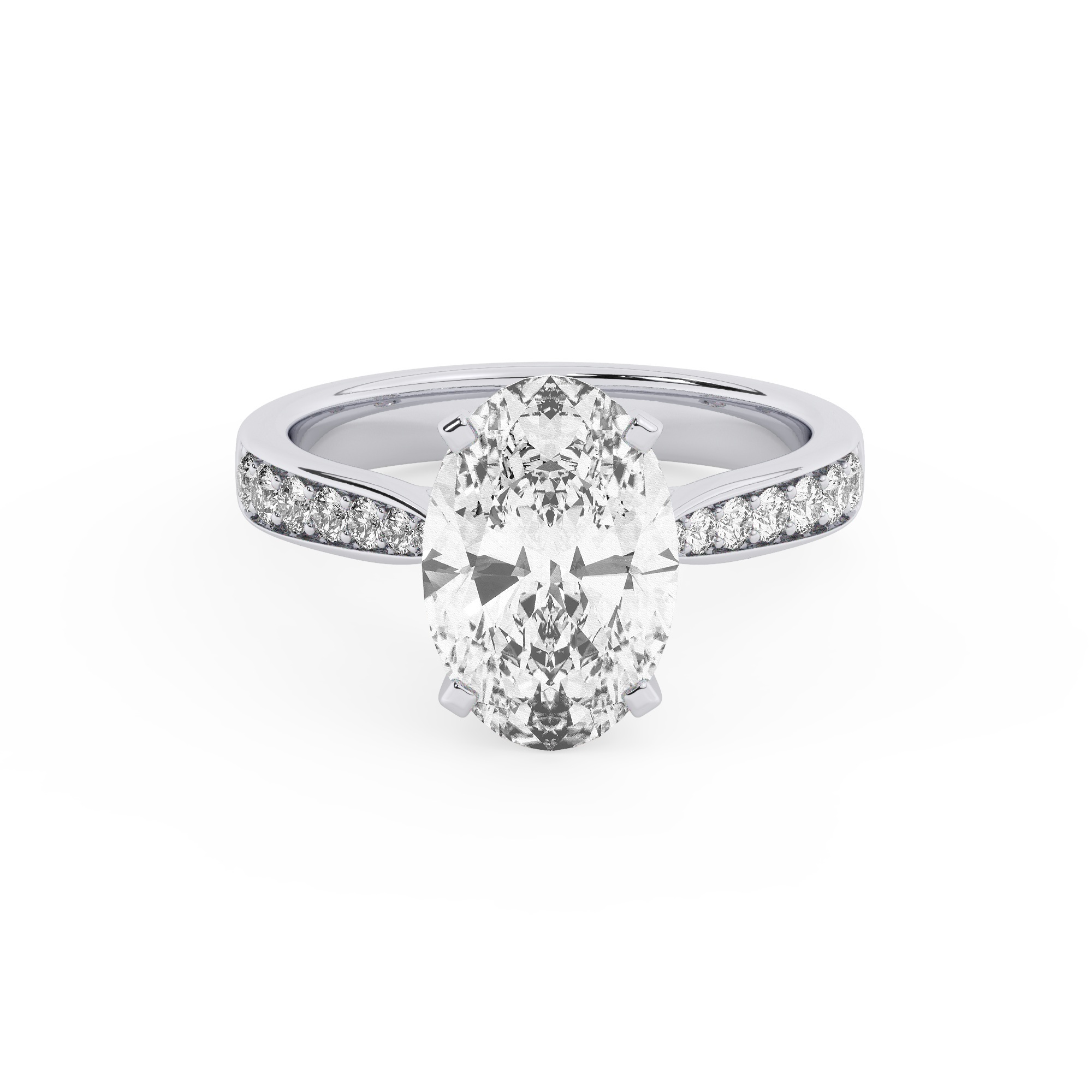 טבעת אירוסין סוליטר ומוסונייט בצדדים דגם 50017 כסף מצופה זהב לבן במרכז אבן מעבדה מוסונייט 4 קראט בחיתוך אובל עם תעודה גמולוגית בינלאומית GRA מסביב ובצדדים אבני מעבדה מוסונייט במשקל כולל של 0.15 קראט בחיתוך עגול – תמונה 2