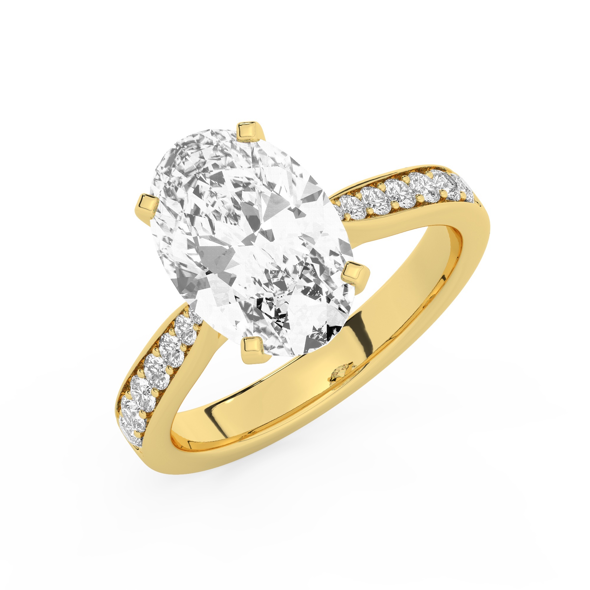 טבעת אירוסין סוליטר ומוסונייט בצדדים דגם 50017 כסף מצופה זהב צהוב במרכז אבן מעבדה מוסונייט 4 קראט בחיתוך אובל עם תעודה גמולוגית בינלאומית GRA מסביב ובצדדים אבני מעבדה מוסונייט במשקל כולל של 0.15 קראט בחיתוך עגול