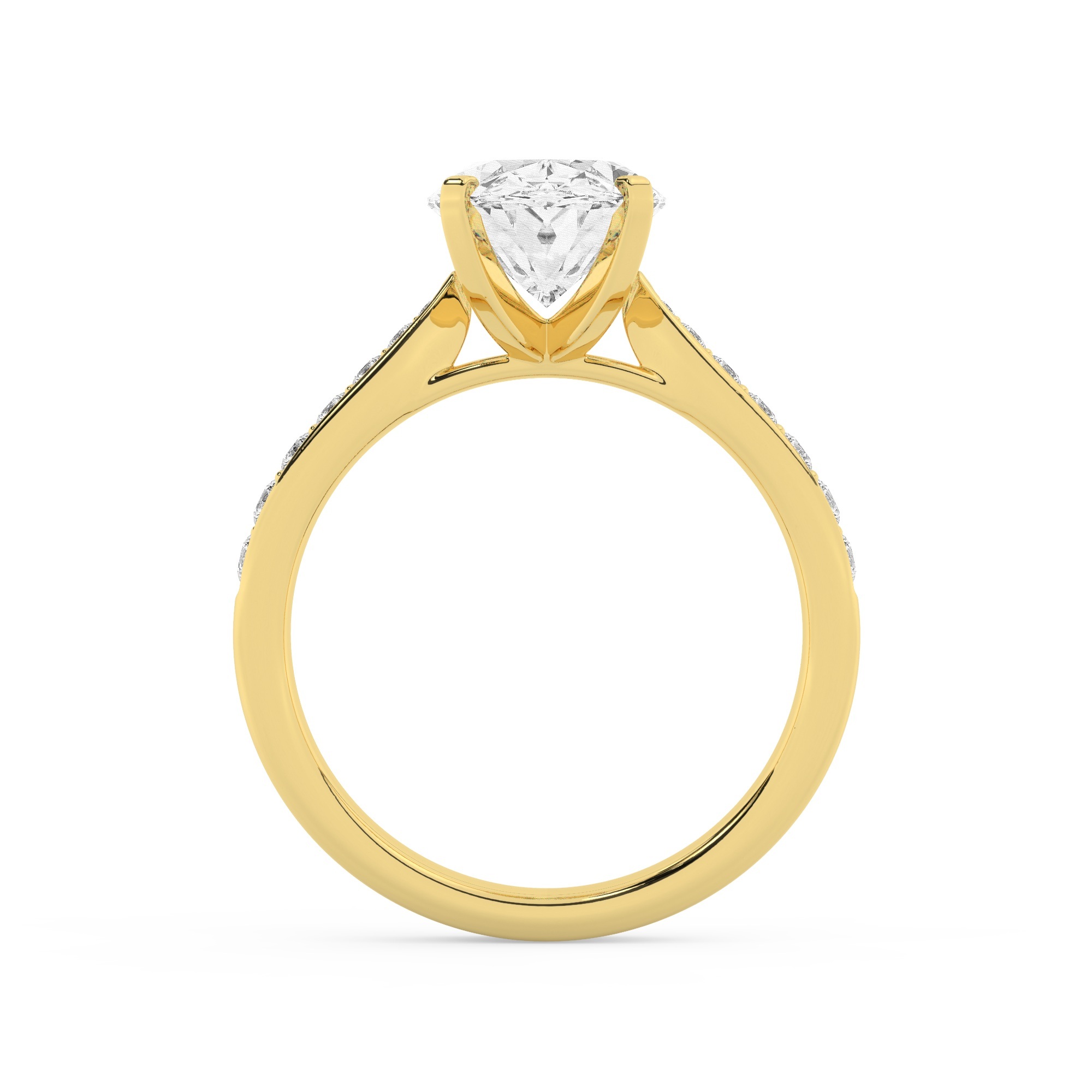 טבעת אירוסין סוליטר ומוסונייט בצדדים דגם 50017 כסף מצופה זהב צהוב במרכז אבן מעבדה מוסונייט 4 קראט בחיתוך אובל עם תעודה גמולוגית בינלאומית GRA מסביב ובצדדים אבני מעבדה מוסונייט במשקל כולל של 0.15 קראט בחיתוך עגול – תמונה 3