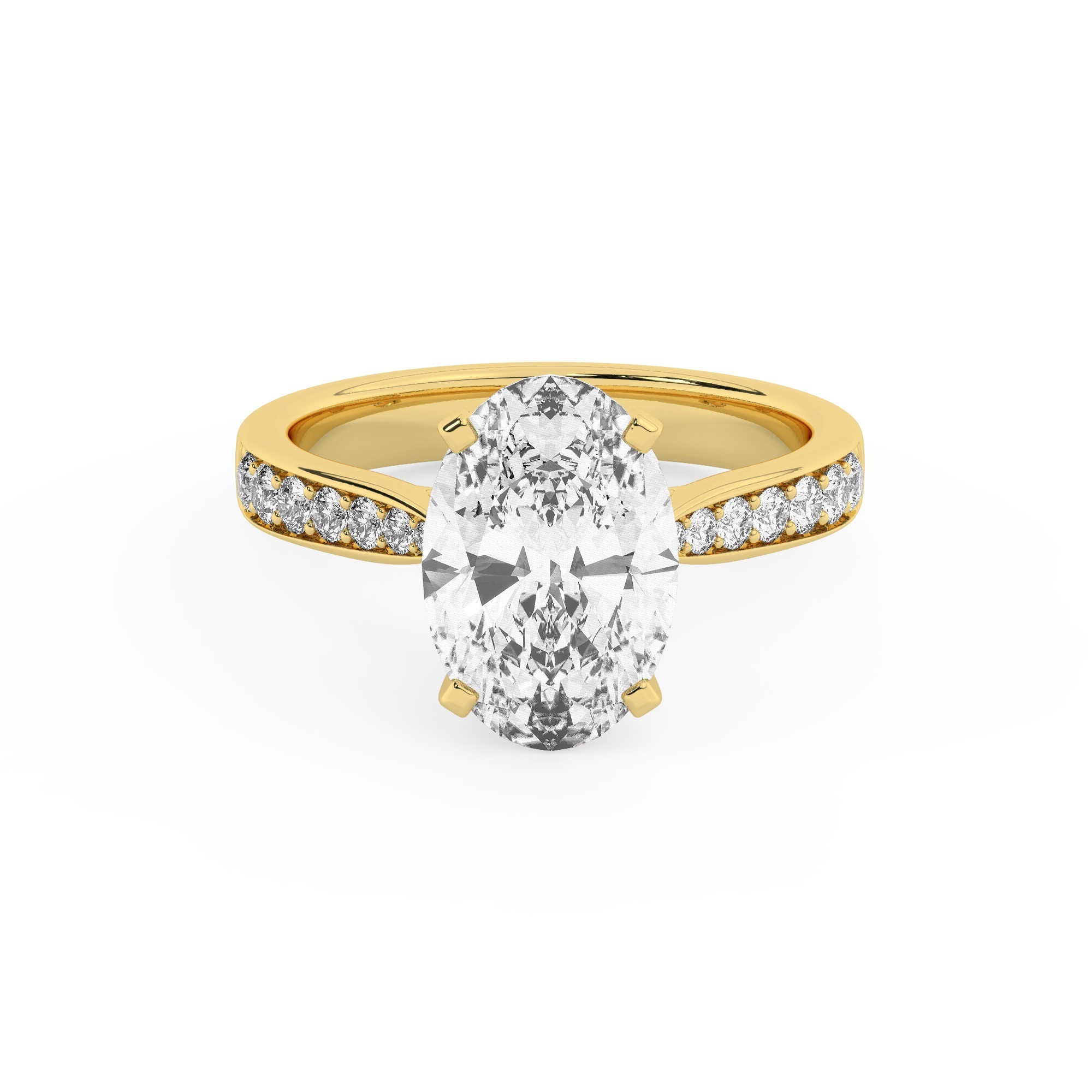 טבעת אירוסין סוליטר ומוסונייט בצדדים דגם 50017 כסף מצופה זהב צהוב במרכז אבן מעבדה מוסונייט 4 קראט בחיתוך אובל עם תעודה גמולוגית בינלאומית GRA מסביב ובצדדים אבני מעבדה מוסונייט במשקל כולל של 0.15 קראט בחיתוך עגול – תמונה 2