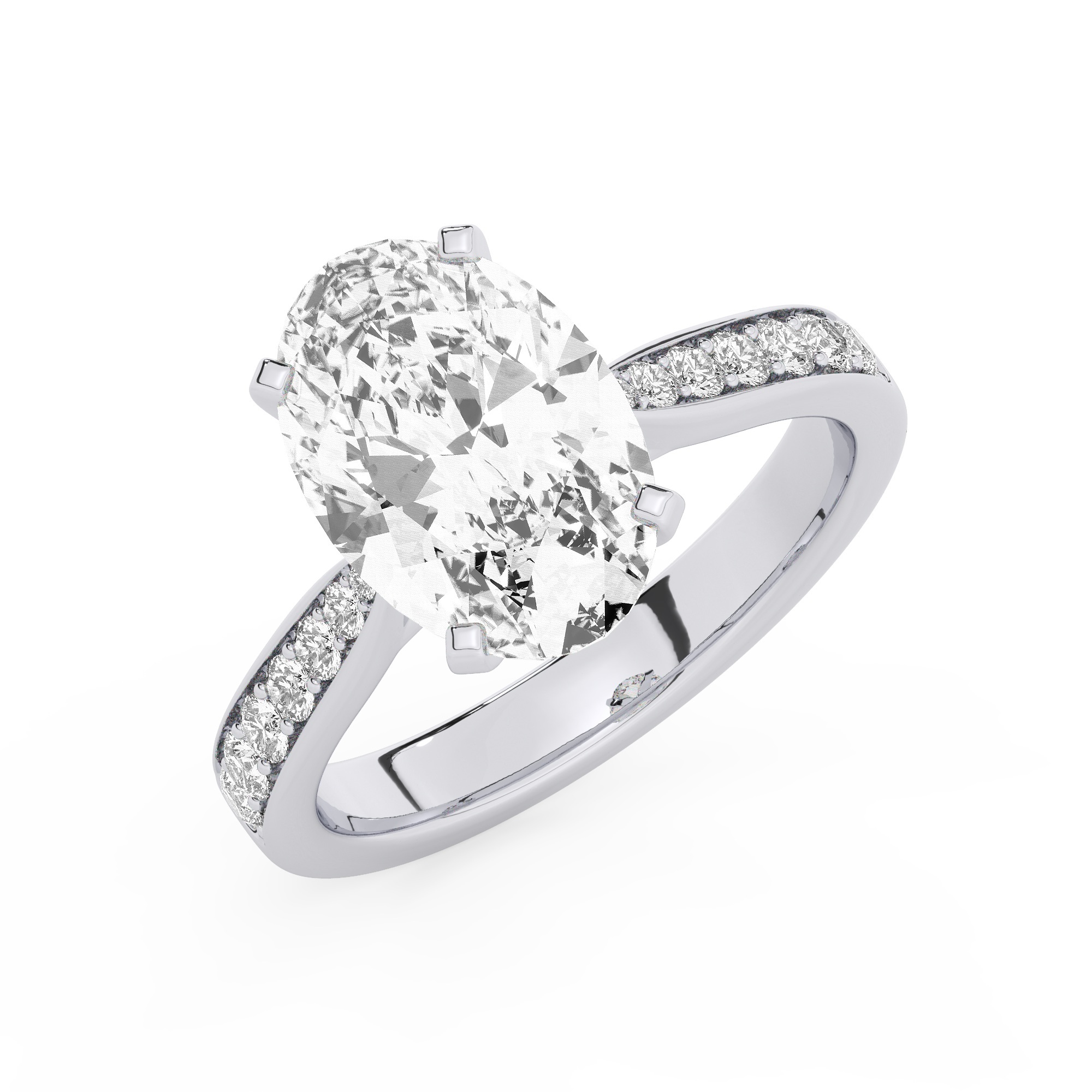 טבעת אירוסין סוליטר ומוסונייט בצדדים דגם 50017 כסף מצופה זהב לבן במרכז אבן מעבדה מוסונייט 5 קראט בחיתוך אובל עם תעודה גמולוגית בינלאומית GRA מסביב ובצדדים אבני מעבדה מוסונייט במשקל כולל של 0.15 קראט בחיתוך עגול