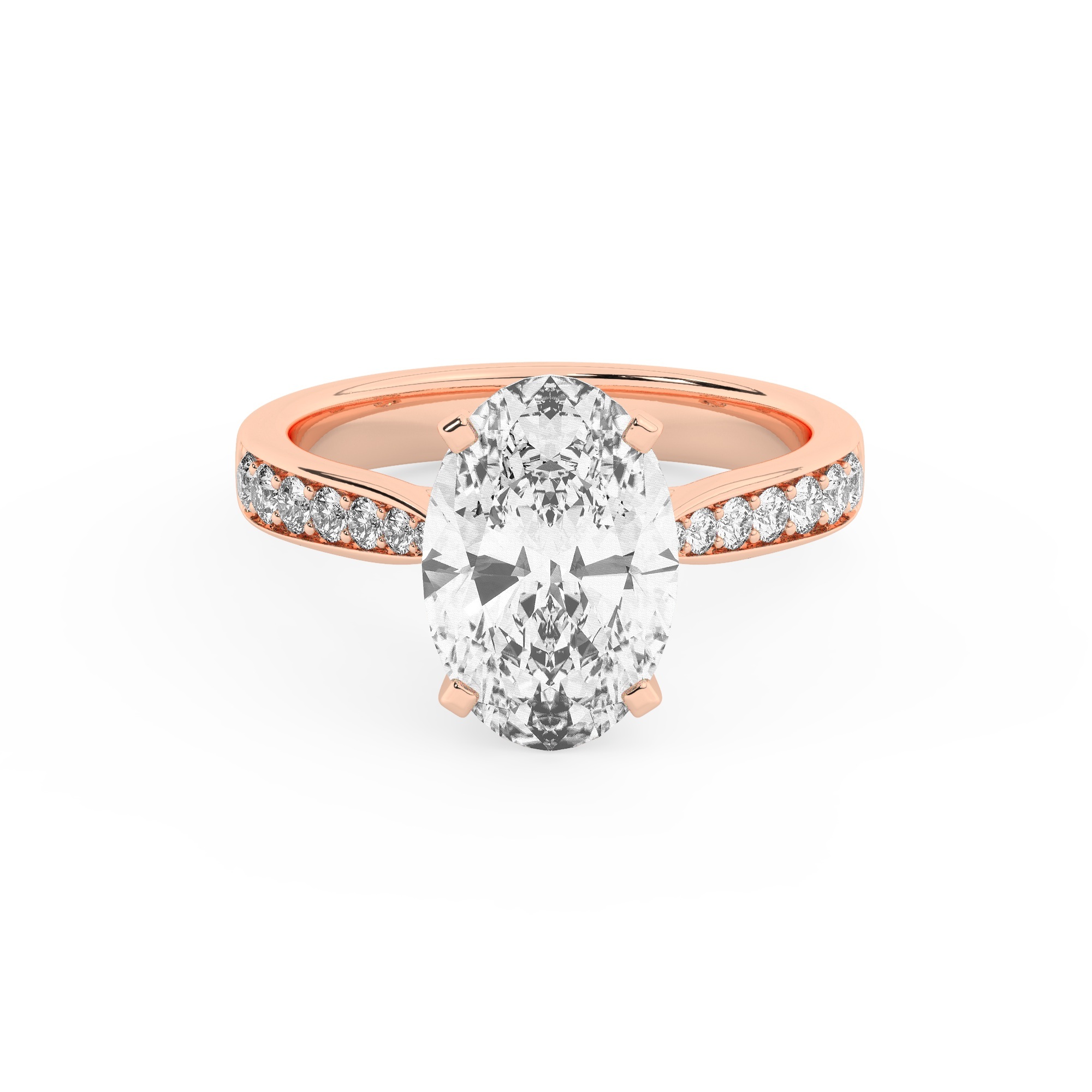 טבעת אירוסין סוליטר ומוסונייט בצדדים דגם 50017 כסף מצופה זהב אדום רוזגולד במרכז אבן מעבדה מוסונייט 5 קראט בחיתוך אובל עם תעודה גמולוגית בינלאומית GRA מסביב ובצדדים אבני מעבדה מוסונייט במשקל כולל של 0.15 קראט בחיתוך עגול – תמונה 2