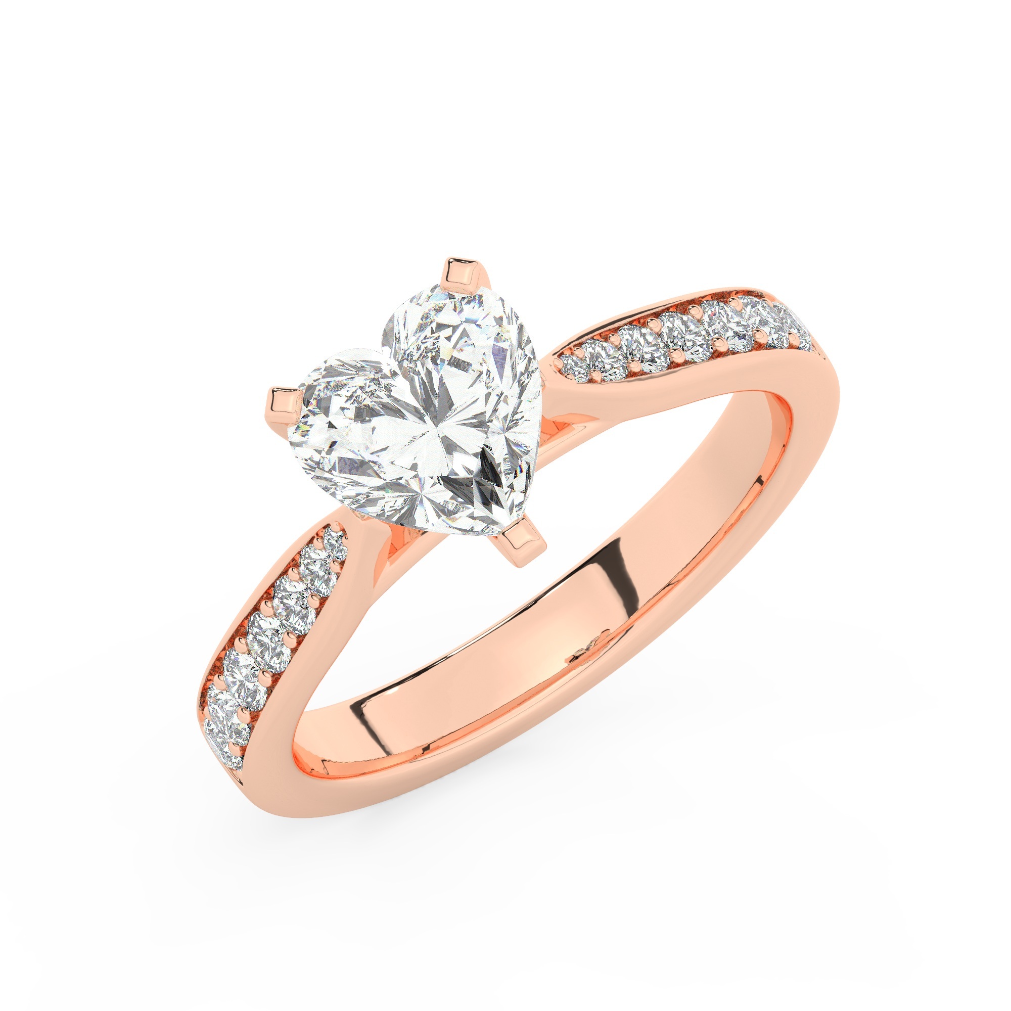 טבעת אירוסין סוליטר ויהלומים בצדדים דגם 50017 כסף מצופה זהב אדום רוזגולד במרכז יהלום מעבדה 1.50 קראט בחיתוך לב עם תעודה גמולוגית אירופאית IGI מסביב ובצדדים יהלומי מעבדה במשקל כולל של 0.14 קראט בחיתוך עגול