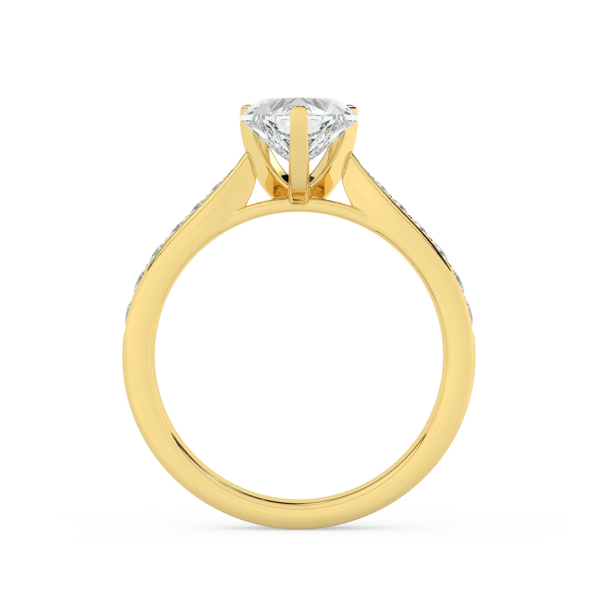 טבעת אירוסין סוליטר ומוסונייט בצדדים דגם 50017 כסף מצופה זהב צהוב במרכז אבן מעבדה מוסונייט 5 קראט בחיתוך לב עם תעודה גמולוגית בינלאומית GRA מסביב ובצדדים אבני מעבדה מוסונייט במשקל כולל של 0.15 קראט בחיתוך עגול – תמונה 3