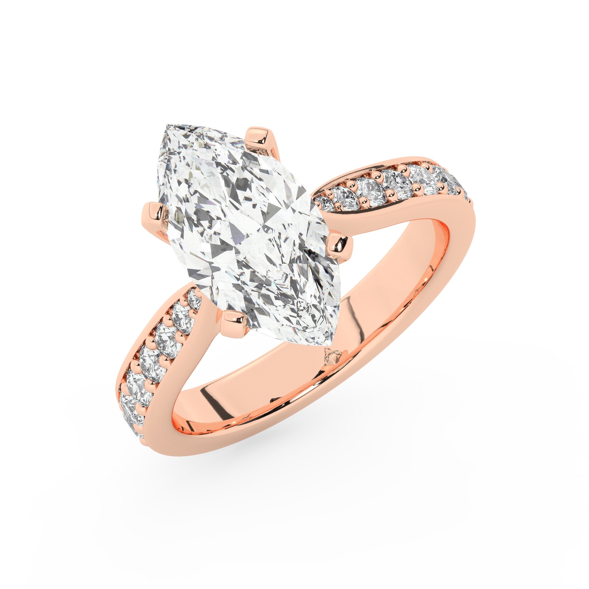 טבעת אירוסין סוליטר ומוסונייט בצדדים דגם 50017 כסף מצופה זהב אדום רוזגולד במרכז אבן מעבדה מוסונייט 5 קראט בחיתוך מרקיזה עם תעודה גמולוגית בינלאומית GRA מסביב ובצדדים אבני מעבדה מוסונייט במשקל כולל של 0.15 קראט בחיתוך עגול