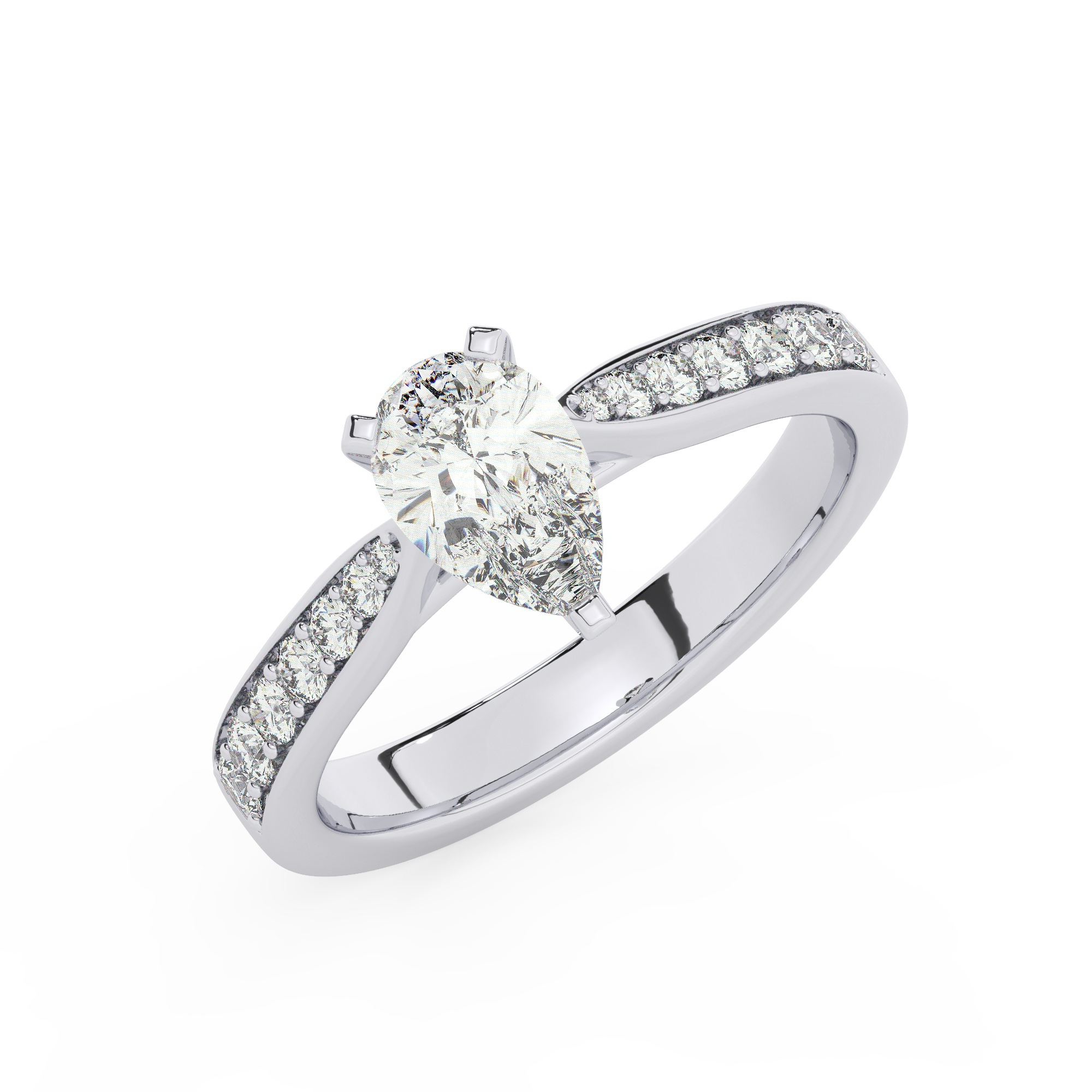 טבעת אירוסין סוליטר ויהלומים בצדדים דגם 50017 כסף מצופה זהב לבן במרכז יהלום מעבדה 1.50 קראט בחיתוך טיפה עם תעודה גמולוגית אירופאית IGI מסביב ובצדדים יהלומי מעבדה במשקל כולל של 0.15 קראט בחיתוך עגול