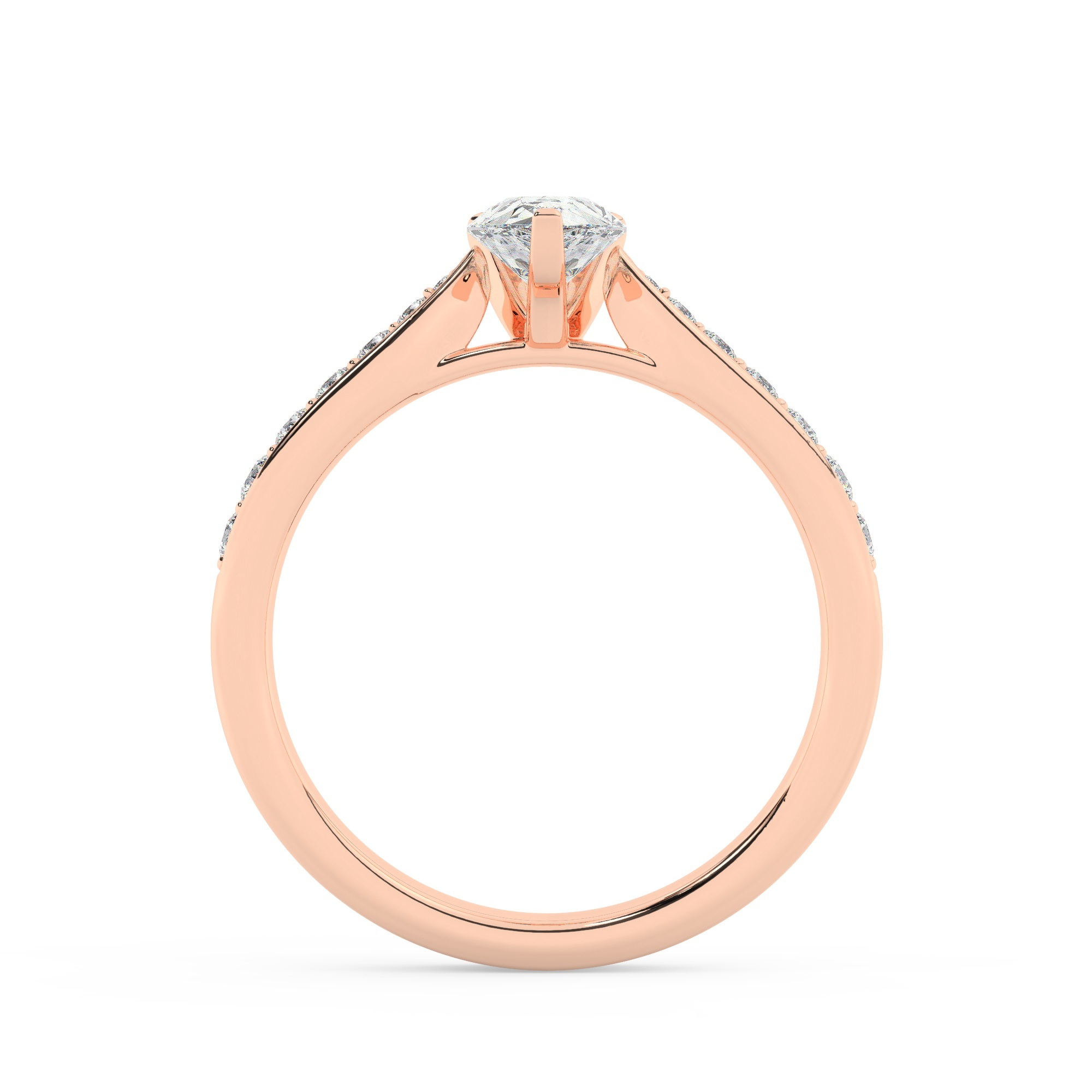 טבעת אירוסין סוליטר ומוסונייט בצדדים דגם 50017 כסף מצופה זהב אדום רוזגולד במרכז אבן מעבדה מוסונייט 5 קראט בחיתוך טיפה עם תעודה גמולוגית בינלאומית GRA מסביב ובצדדים אבני מעבדה מוסונייט במשקל כולל של 0.15 קראט בחיתוך עגול – תמונה 3