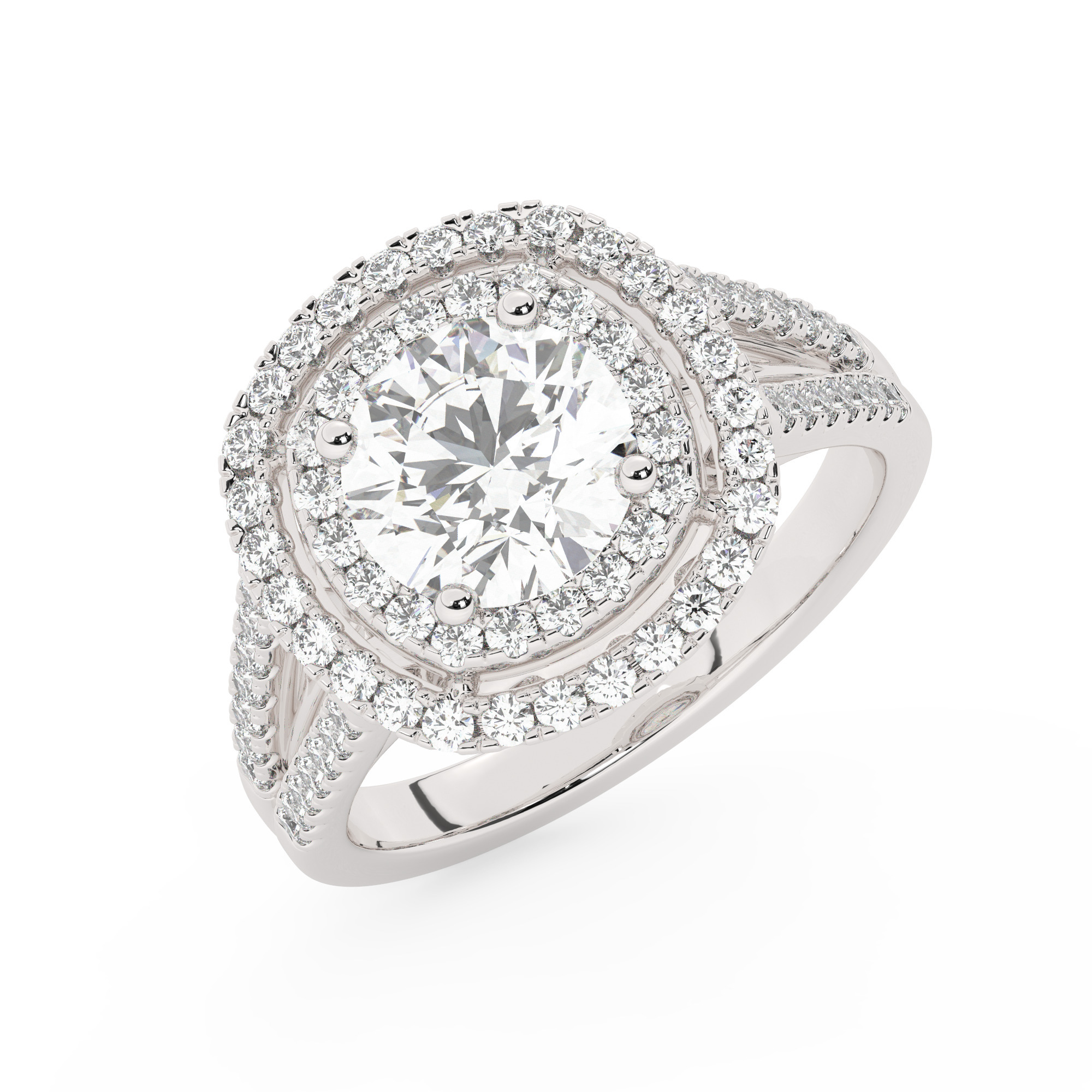 טבעת אירוסין היילו דגם 50025 כסף מצופה זהב לבן במרכז יהלום מעבדה 2.50 קראט בחיתוך עגול עם תעודה גמולוגית אירופאית IGI מסביב ובצדדים יהלומי מעבדה במשקל כולל של 0.62 קראט בחיתוך עגול