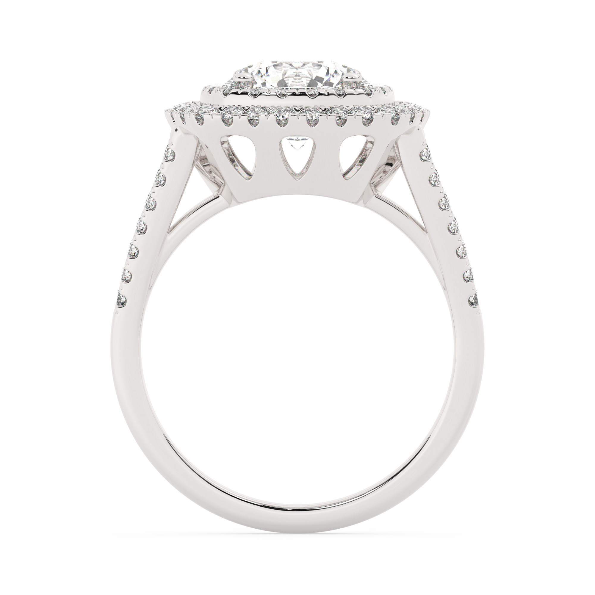 טבעת אירוסין היילו דגם 50025 כסף מצופה זהב לבן במרכז יהלום מעבדה 2.50 קראט בחיתוך עגול עם תעודה גמולוגית אירופאית IGI מסביב ובצדדים יהלומי מעבדה במשקל כולל של 0.62 קראט בחיתוך עגול – תמונה 3