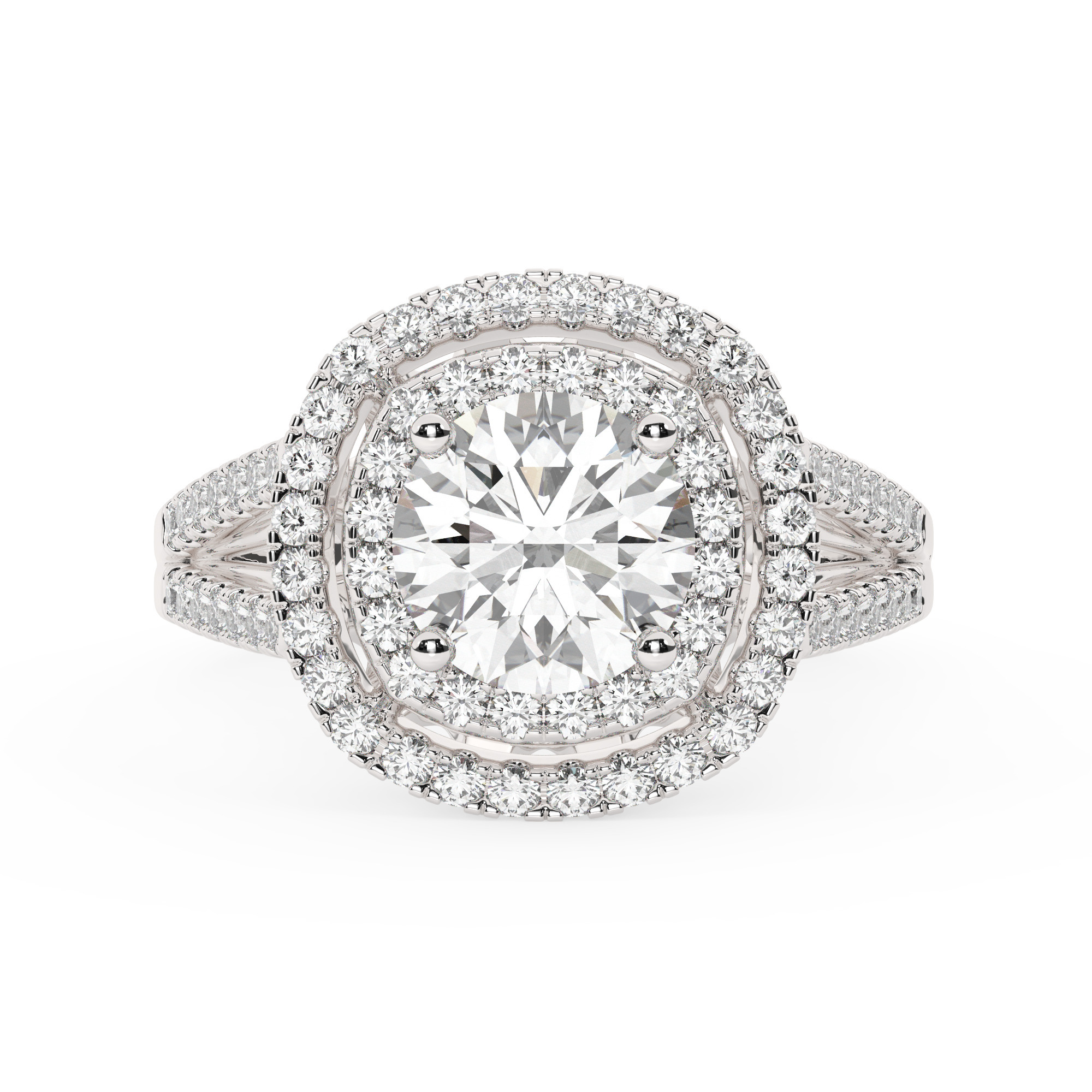 טבעת אירוסין היילו דגם 50025 כסף מצופה זהב לבן במרכז יהלום מעבדה 2.50 קראט בחיתוך עגול עם תעודה גמולוגית אירופאית IGI מסביב ובצדדים יהלומי מעבדה במשקל כולל של 0.62 קראט בחיתוך עגול – תמונה 2