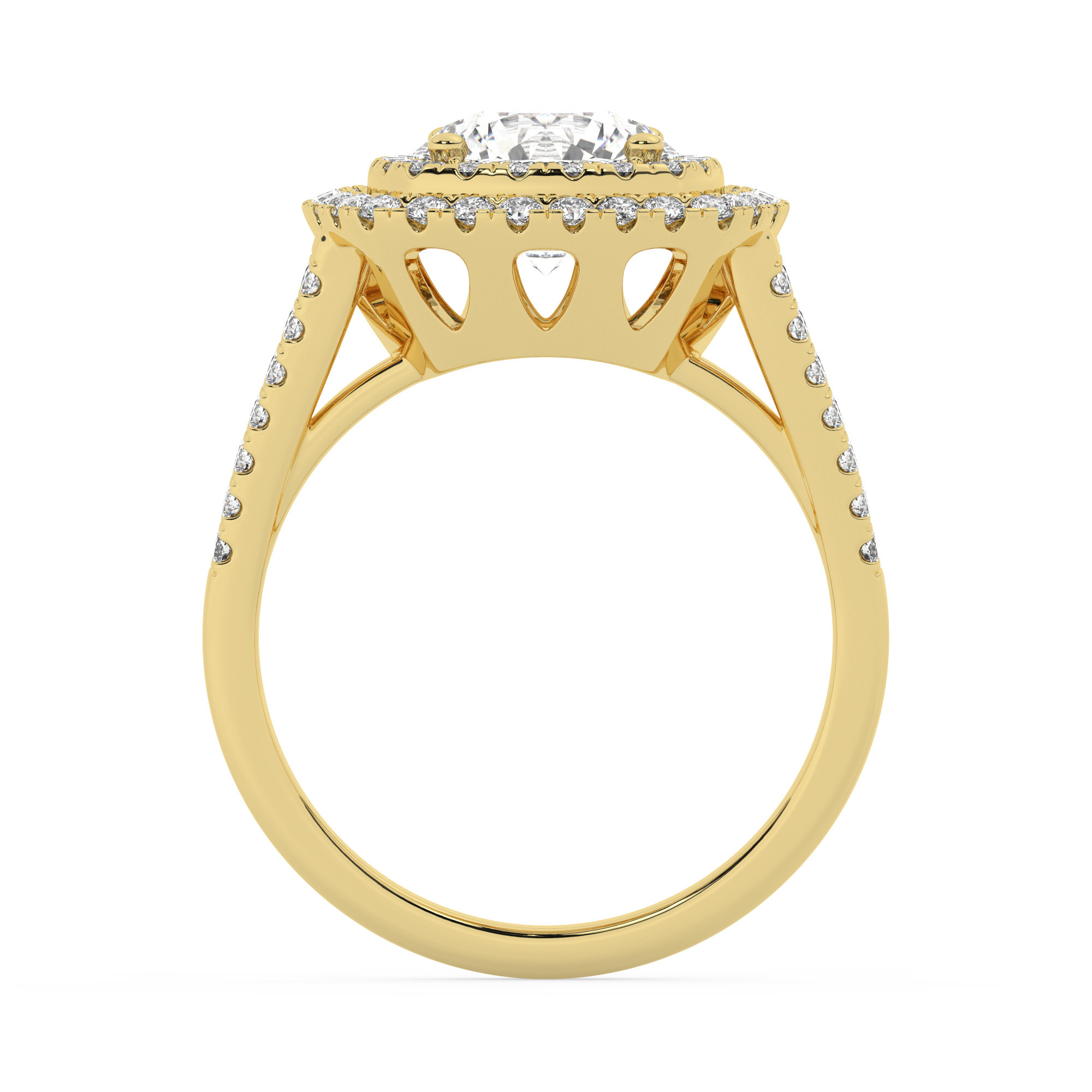 טבעת אירוסין היילו דגם 50025 כסף מצופה זהב צהוב במרכז אבן מעבדה מוסונייט 2.50 קראט בחיתוך עגול עם תעודה גמולוגית בינלאומית GRA מסביב ובצדדים אבני מעבדה מוסונייט במשקל כולל של 0.62 קראט בחיתוך עגול – תמונה 3