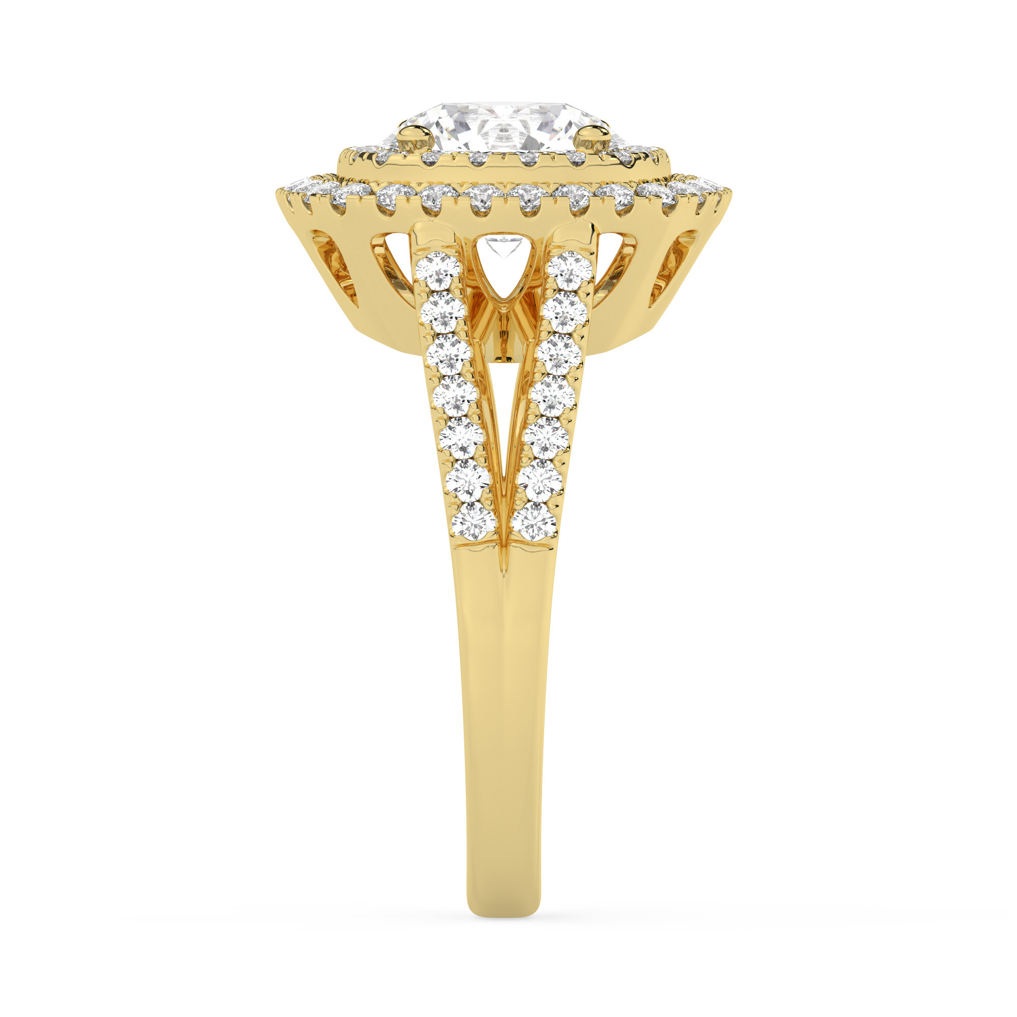 טבעת אירוסין היילו דגם 50025 כסף מצופה זהב צהוב במרכז אבן מעבדה מוסונייט 2.50 קראט בחיתוך עגול עם תעודה גמולוגית בינלאומית GRA מסביב ובצדדים אבני מעבדה מוסונייט במשקל כולל של 0.62 קראט בחיתוך עגול – תמונה 4