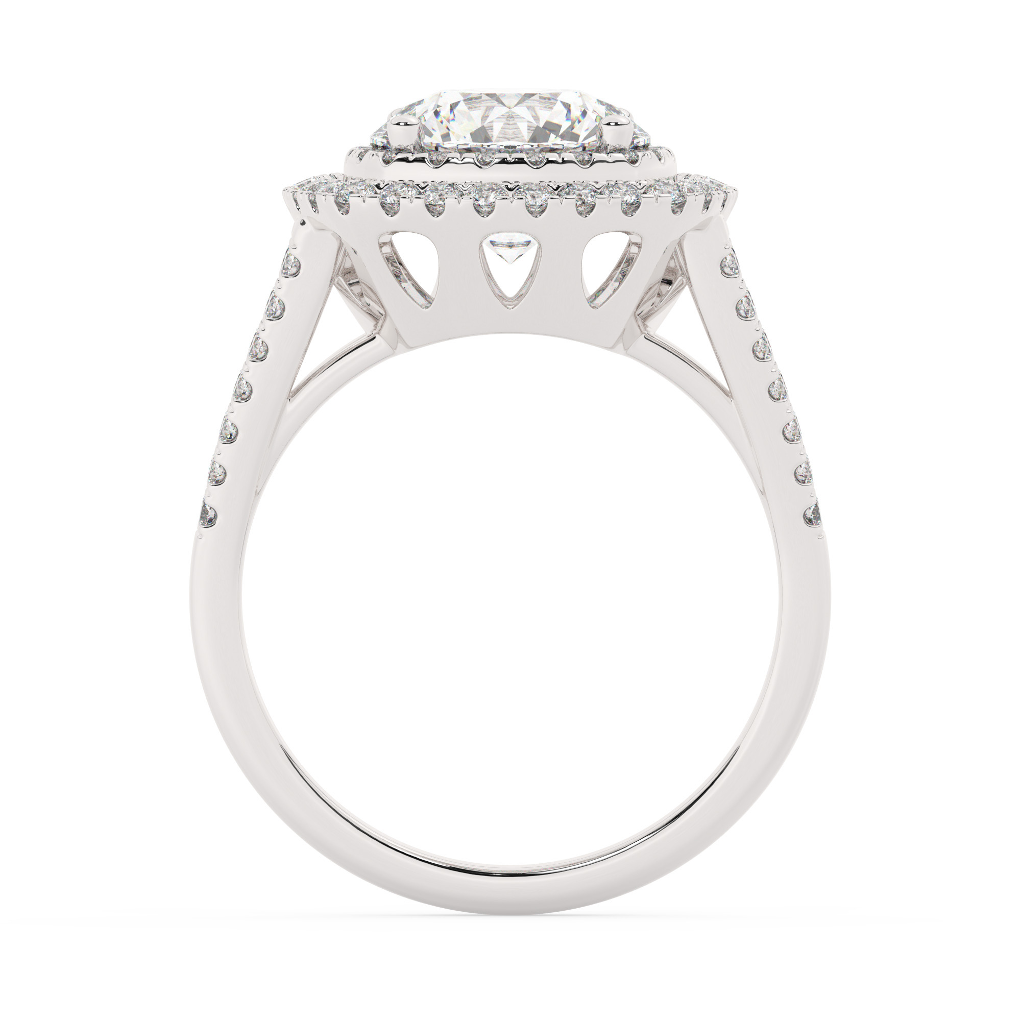 טבעת אירוסין היילו דגם 50025 כסף מצופה זהב לבן במרכז אבן מעבדה מוסונייט 4 קראט בחיתוך עגול עם תעודה גמולוגית בינלאומית GRA מסביב ובצדדים אבני מעבדה מוסונייט במשקל כולל של 0.62 קראט בחיתוך עגול – תמונה 3