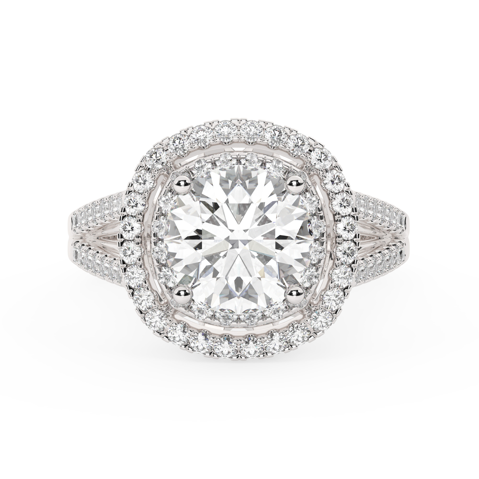 טבעת אירוסין היילו דגם 50025 כסף מצופה זהב לבן במרכז אבן מעבדה מוסונייט 4 קראט בחיתוך עגול עם תעודה גמולוגית בינלאומית GRA מסביב ובצדדים אבני מעבדה מוסונייט במשקל כולל של 0.62 קראט בחיתוך עגול – תמונה 2