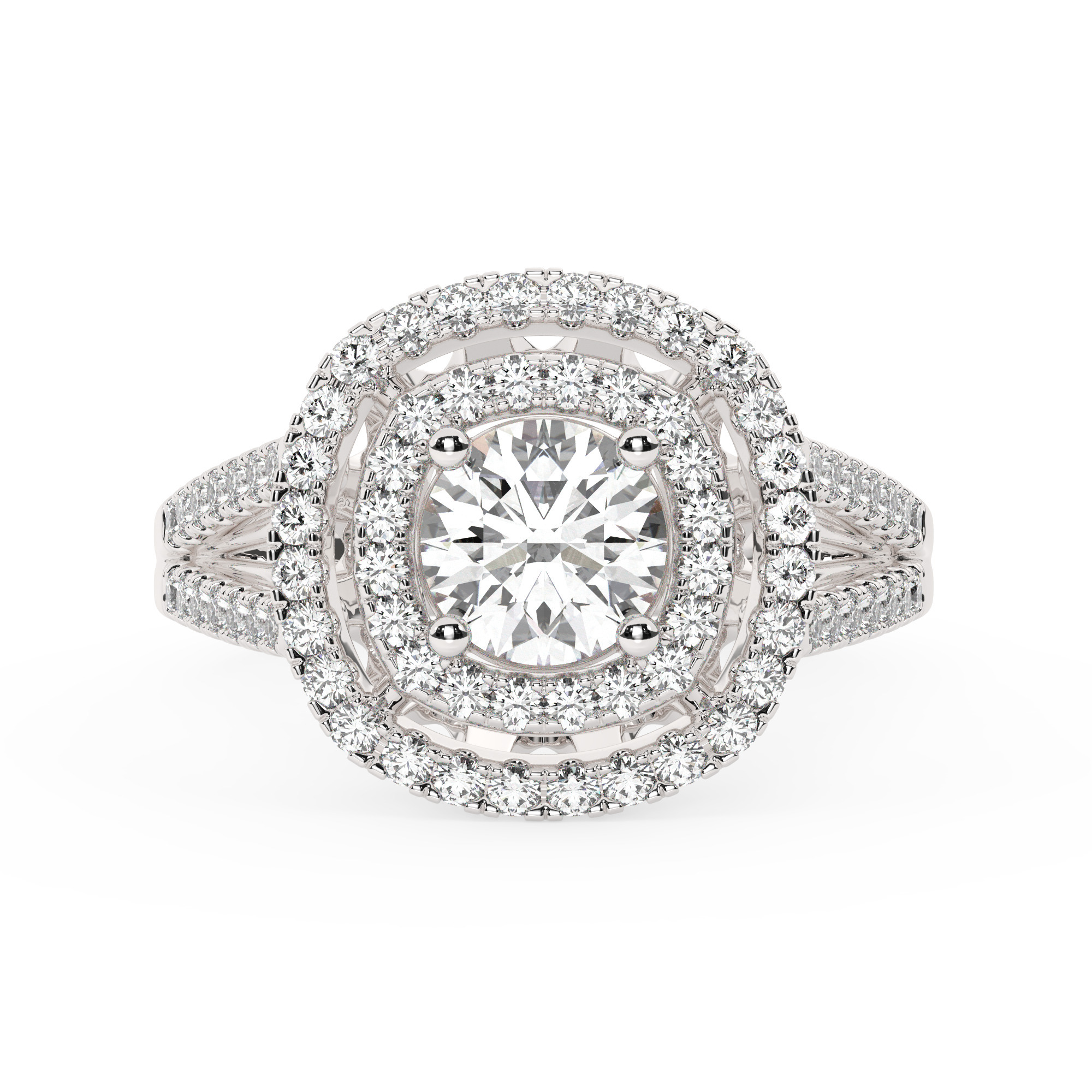 טבעת אירוסין היילו דגם 50025 כסף מצופה זהב לבן במרכז אבן מעבדה מוסונייט 0.75 קראט בחיתוך עגול עם תעודה גמולוגית מסביב ובצדדים אבני מעבדה מוסונייט במשקל כולל של 0.62 קראט בחיתוך עגול – תמונה 2