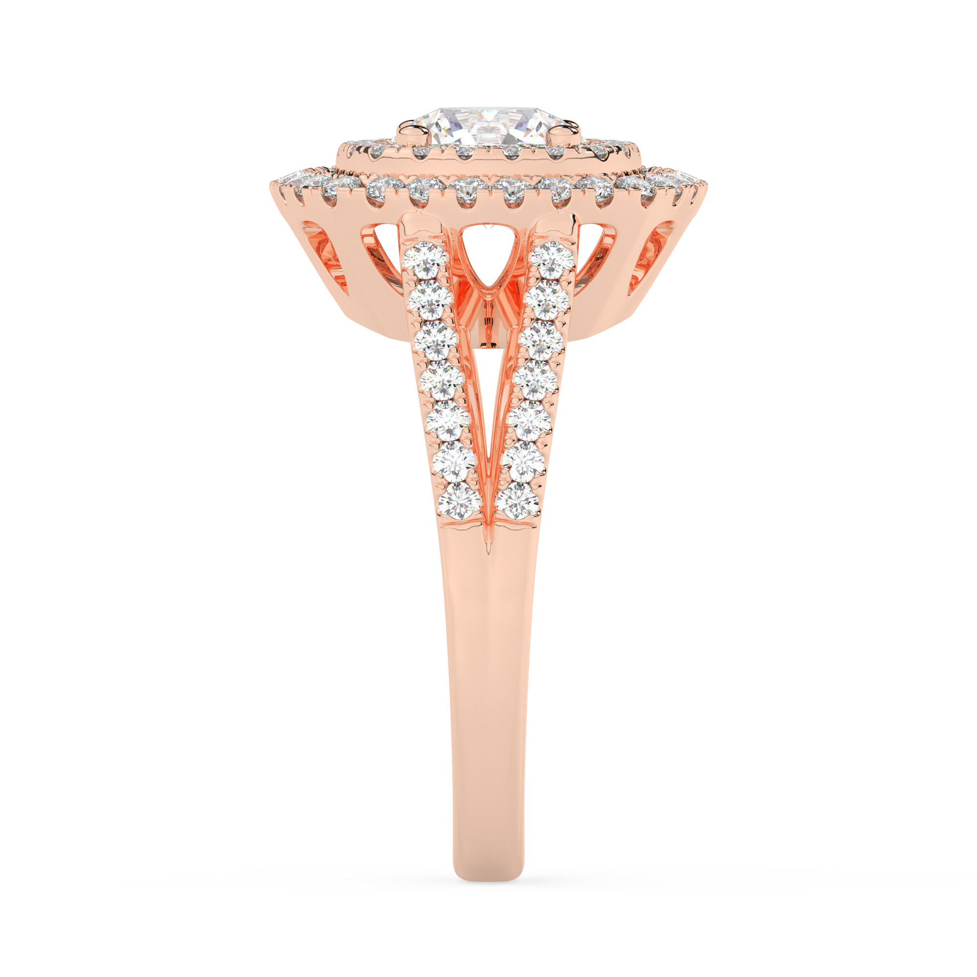 טבעת אירוסין היילו דגם 50025 כסף מצופה זהב אדום רוזגולד במרכז יהלום מעבדה 0.75 קראט בחיתוך עגול עם תעודה גמולוגית מסביב ובצדדים יהלומי מעבדה במשקל כולל של 0.62 קראט בחיתוך עגול – תמונה 4