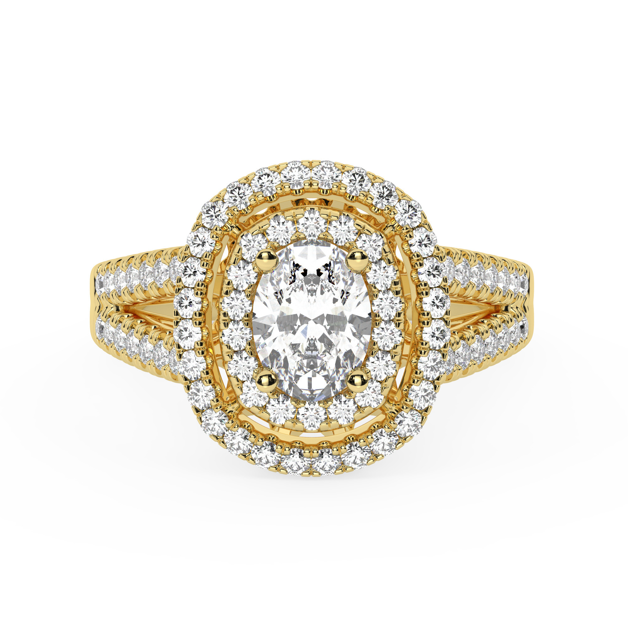 טבעת אירוסין היילו דגם 50025 כסף מצופה זהב צהוב במרכז אבן מעבדה מוסונייט 1 קראט בחיתוך אובל עם תעודה גמולוגית בינלאומית GRA מסביב ובצדדים אבני מעבדה מוסונייט במשקל כולל של 0.62 קראט בחיתוך עגול – תמונה 2