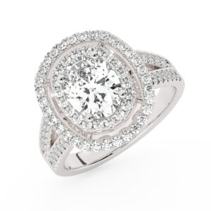 טבעת אירוסין היילו דגם 50025 כסף מצופה זהב לבן במרכז אבן מעבדה מוסונייט 2 קראט בחיתוך אובל עם תעודה גמולוגית בינלאומית GRA מסביב ובצדדים אבני מעבדה מוסונייט במשקל כולל של 0.62 קראט בחיתוך עגול