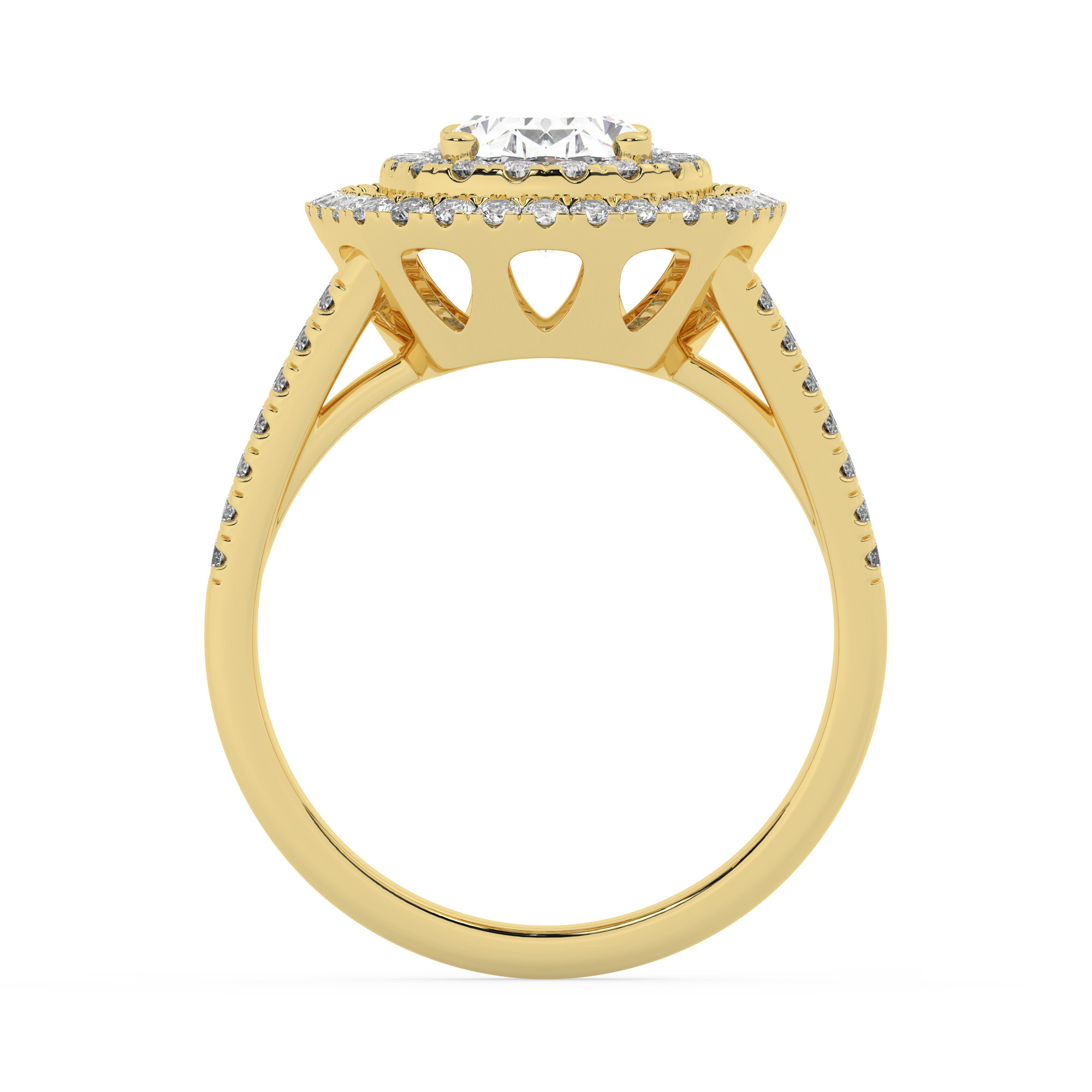 טבעת אירוסין היילו דגם 50025 כסף מצופה זהב צהוב במרכז אבן מעבדה מוסונייט 2 קראט בחיתוך אובל עם תעודה גמולוגית בינלאומית GRA מסביב ובצדדים אבני מעבדה מוסונייט במשקל כולל של 0.62 קראט בחיתוך עגול – תמונה 3