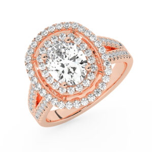 טבעת אירוסין היילו דגם 50025 כסף מצופה זהב אדום רוזגולד במרכז אבן מעבדה מוסונייט 2 קראט בחיתוך אובל עם תעודה גמולוגית בינלאומית GRA מסביב ובצדדים אבני מעבדה מוסונייט במשקל כולל של 0.62 קראט בחיתוך עגול