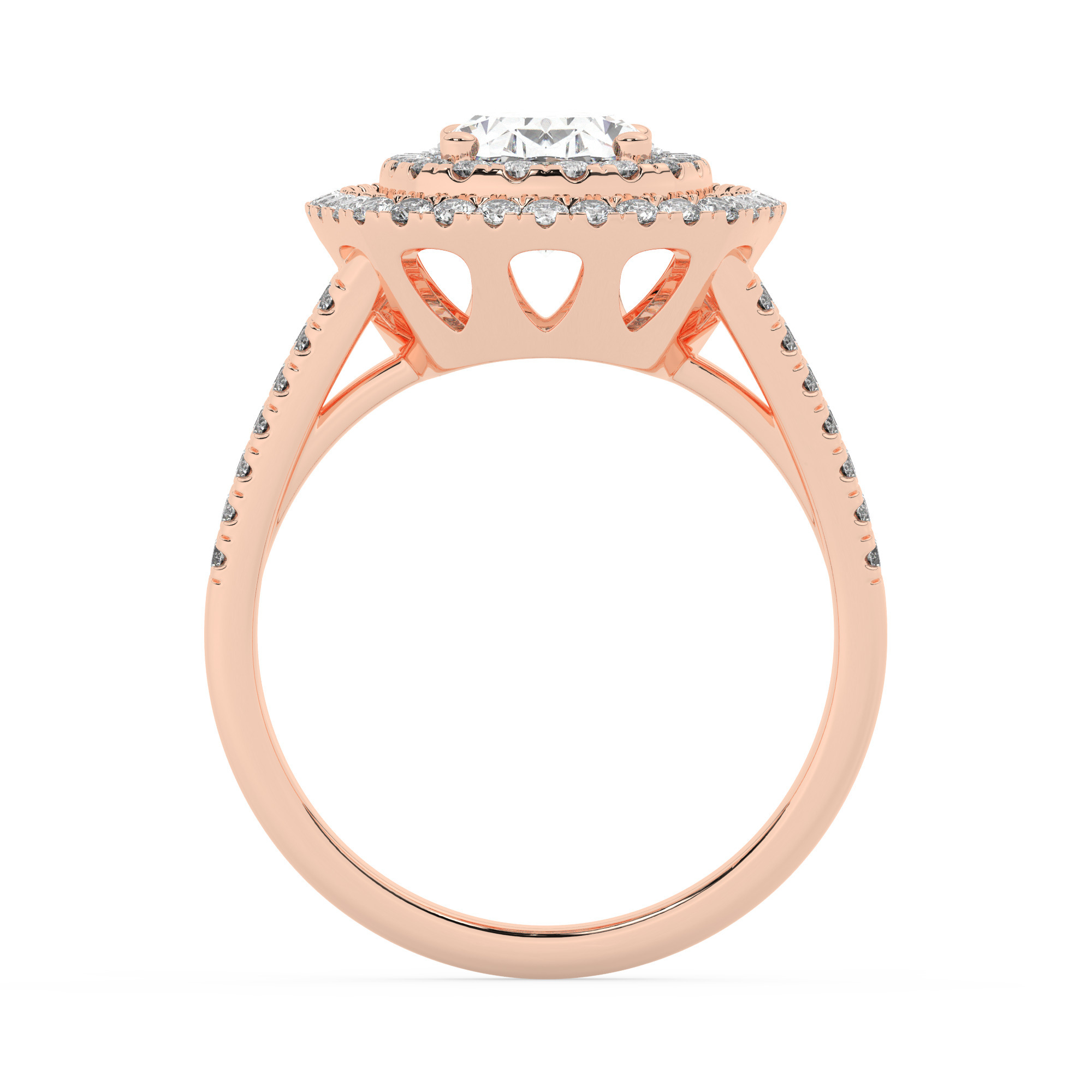 טבעת אירוסין היילו דגם 50025 כסף מצופה זהב אדום רוזגולד במרכז אבן מעבדה מוסונייט 2 קראט בחיתוך אובל עם תעודה גמולוגית בינלאומית GRA מסביב ובצדדים אבני מעבדה מוסונייט במשקל כולל של 0.62 קראט בחיתוך עגול – תמונה 3