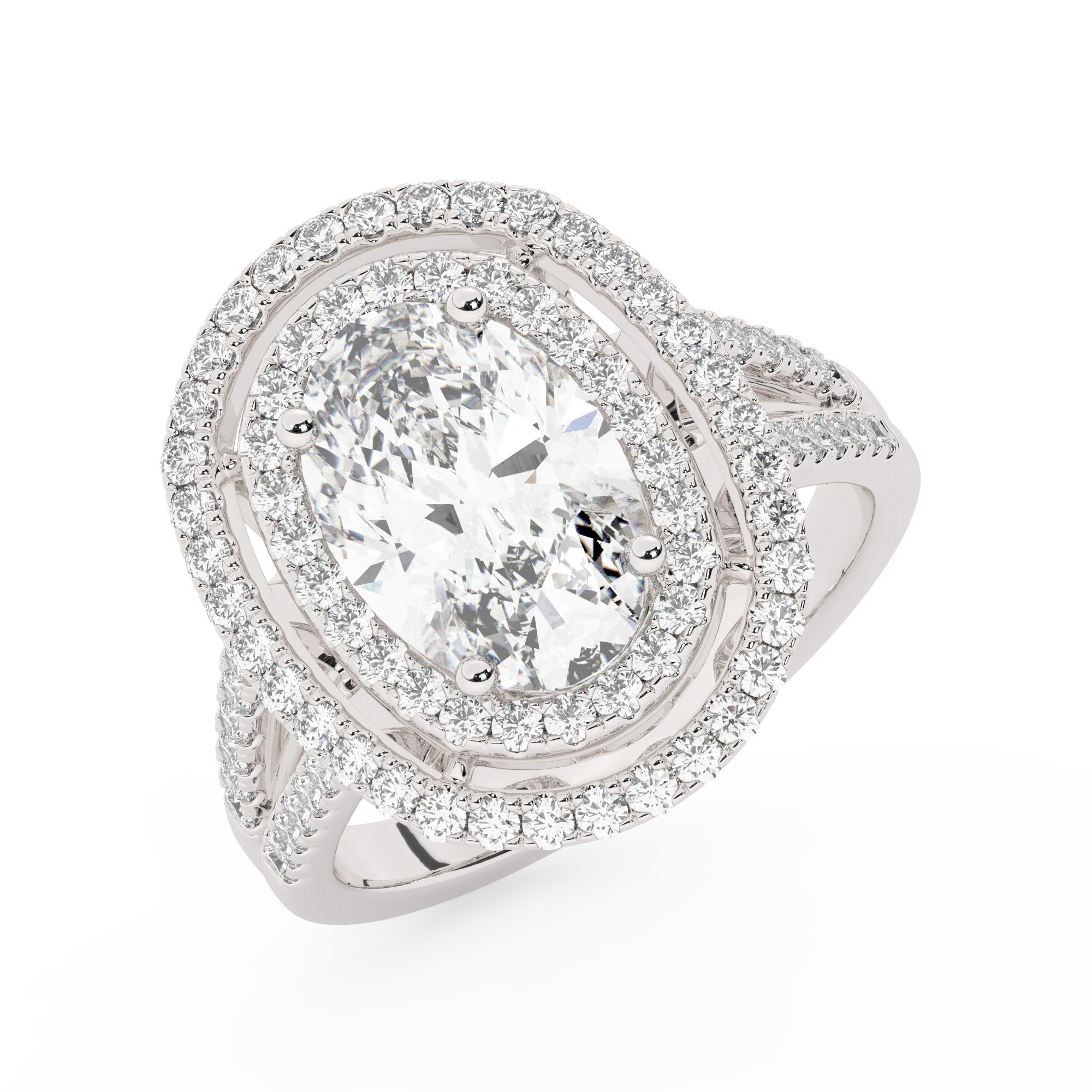 טבעת אירוסין היילו דגם 50025 כסף מצופה זהב לבן במרכז יהלום מעבדה 3 קראט בחיתוך אובל עם תעודה גמולוגית אירופאית IGI מסביב ובצדדים יהלומי מעבדה במשקל כולל של 0.62 קראט בחיתוך עגול