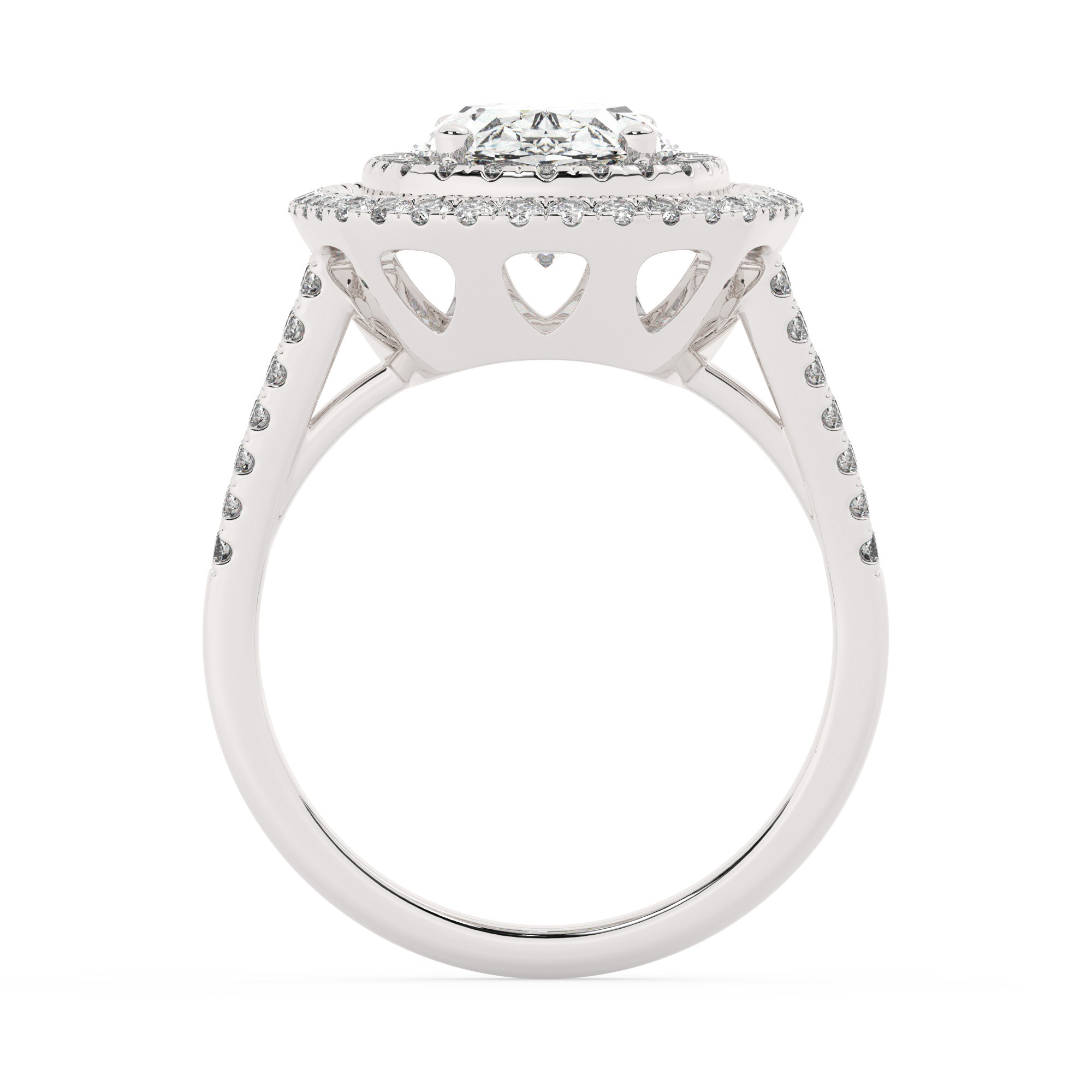 טבעת אירוסין היילו דגם 50025 כסף מצופה זהב לבן במרכז יהלום מעבדה 3 קראט בחיתוך אובל עם תעודה גמולוגית אירופאית IGI מסביב ובצדדים יהלומי מעבדה במשקל כולל של 0.62 קראט בחיתוך עגול – תמונה 3