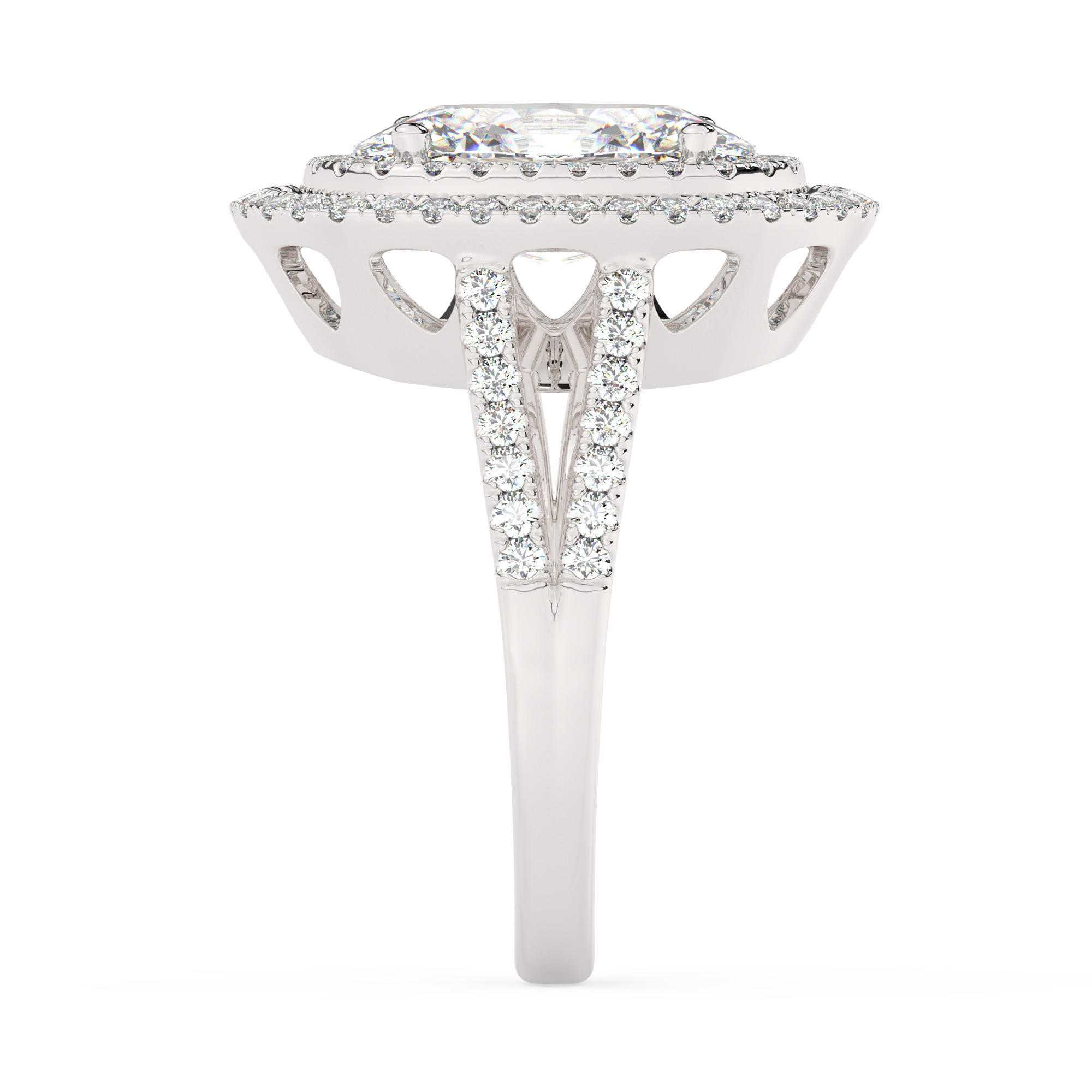 טבעת אירוסין היילו דגם 50025 כסף מצופה זהב לבן במרכז יהלום מעבדה 3 קראט בחיתוך אובל עם תעודה גמולוגית אירופאית IGI מסביב ובצדדים יהלומי מעבדה במשקל כולל של 0.62 קראט בחיתוך עגול – תמונה 4