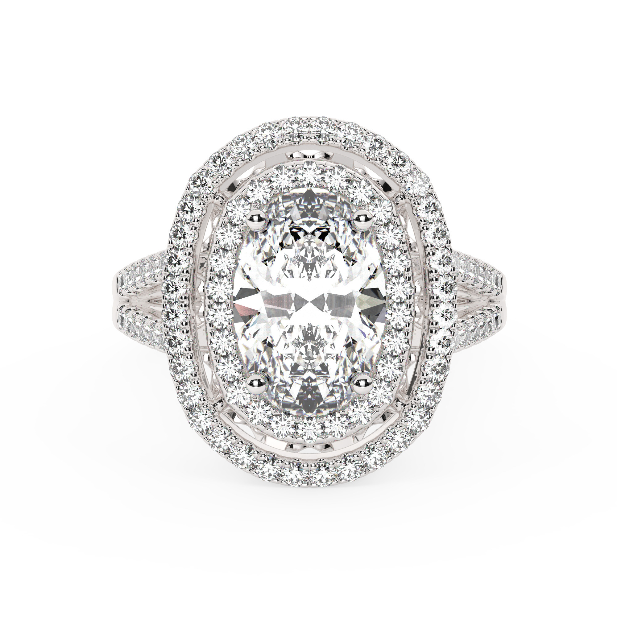 טבעת אירוסין היילו דגם 50025 כסף מצופה זהב לבן במרכז יהלום מעבדה 3 קראט בחיתוך אובל עם תעודה גמולוגית אירופאית IGI מסביב ובצדדים יהלומי מעבדה במשקל כולל של 0.62 קראט בחיתוך עגול – תמונה 2