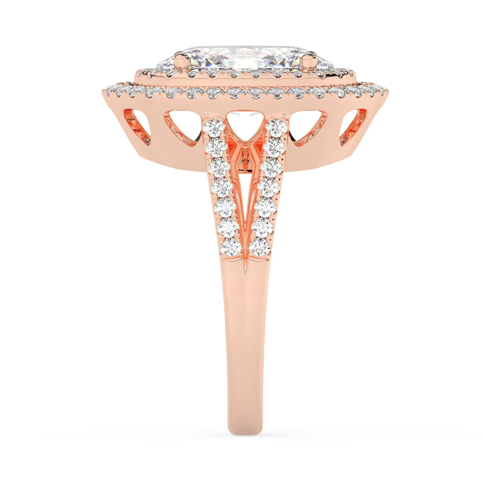 טבעת אירוסין היילו דגם 50025 כסף מצופה זהב אדום רוזגולד במרכז אבן מעבדה מוסונייט 3 קראט בחיתוך אובל עם תעודה גמולוגית בינלאומית GRA מסביב ובצדדים אבני מעבדה מוסונייט במשקל כולל של 0.62 קראט בחיתוך עגול – תמונה 4