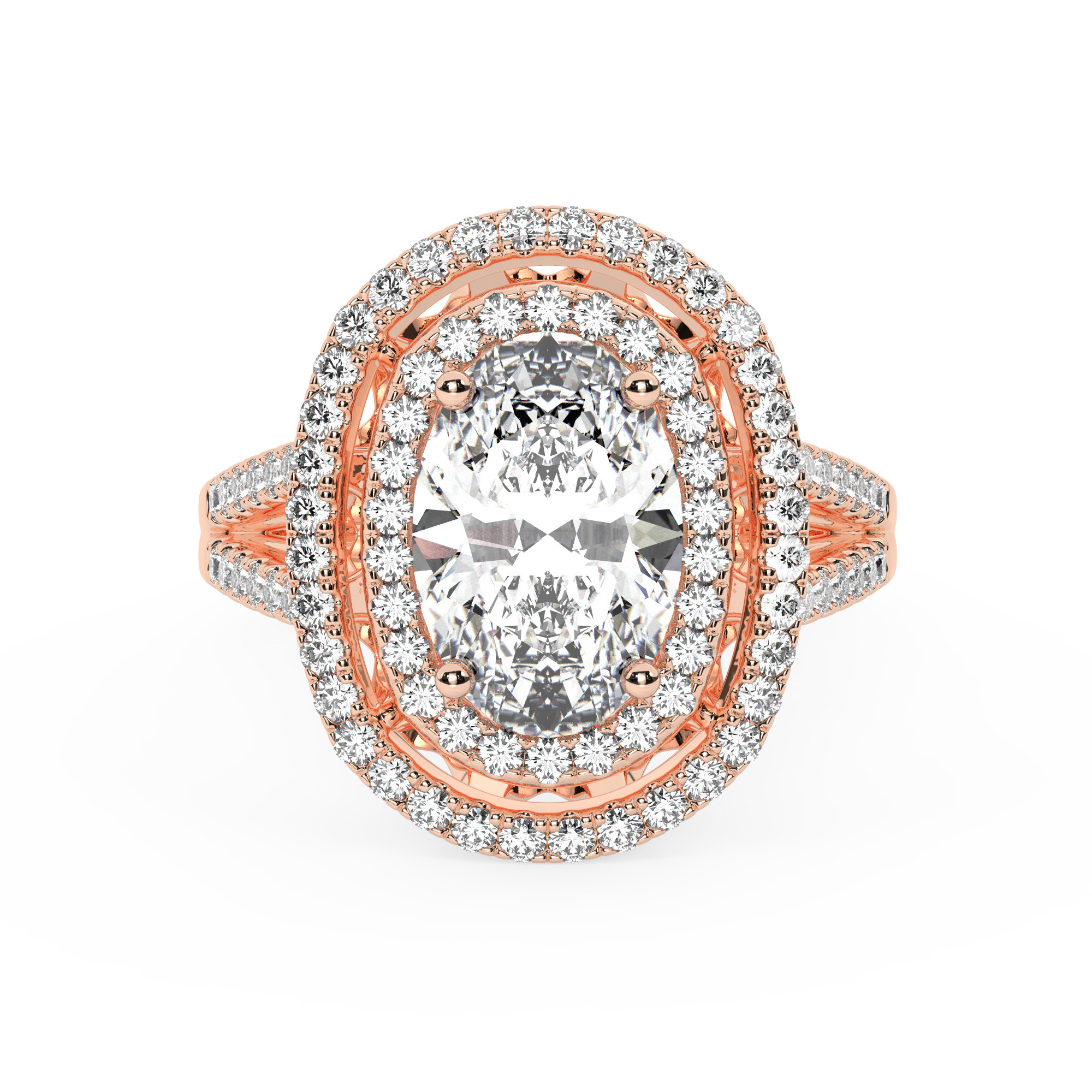 טבעת אירוסין היילו דגם 50025 כסף מצופה זהב אדום רוזגולד במרכז אבן מעבדה מוסונייט 3 קראט בחיתוך אובל עם תעודה גמולוגית בינלאומית GRA מסביב ובצדדים אבני מעבדה מוסונייט במשקל כולל של 0.62 קראט בחיתוך עגול – תמונה 2