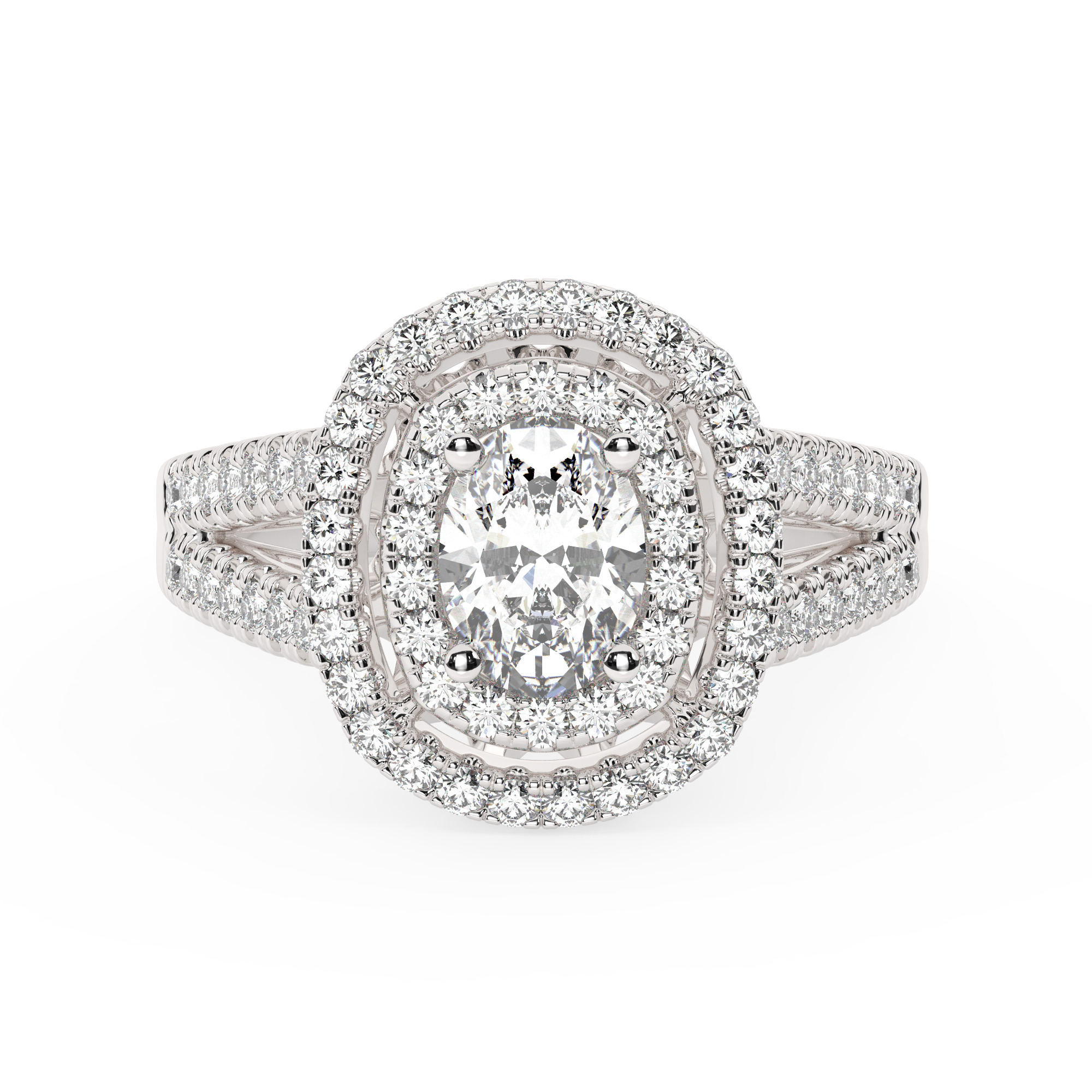 טבעת אירוסין היילו דגם 50025 כסף מצופה זהב לבן במרכז יהלום מעבדה 0.50 קראט בחיתוך אובל עם תעודה גמולוגית מסביב ובצדדים יהלומי מעבדה במשקל כולל של 0.62 קראט בחיתוך עגול – תמונה 2