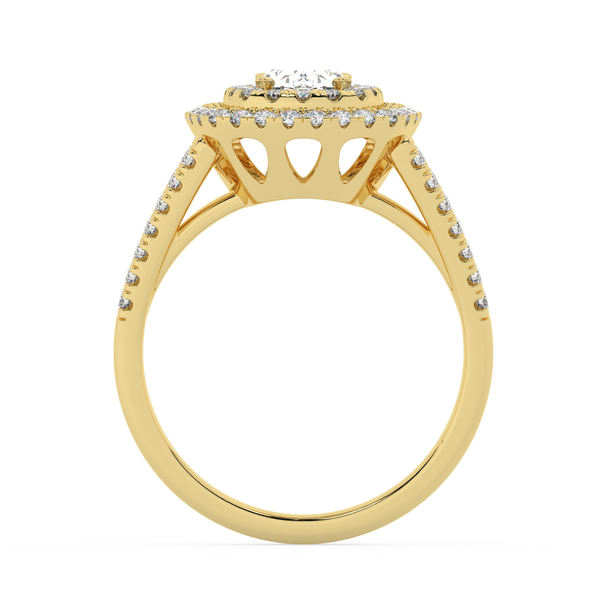 טבעת אירוסין היילו דגם 50025 כסף מצופה זהב צהוב במרכז אבן מעבדה מוסונייט 0.50 קראט בחיתוך אובל עם תעודה גמולוגית מסביב ובצדדים אבני מעבדה מוסונייט במשקל כולל של 0.62 קראט בחיתוך עגול – תמונה 3