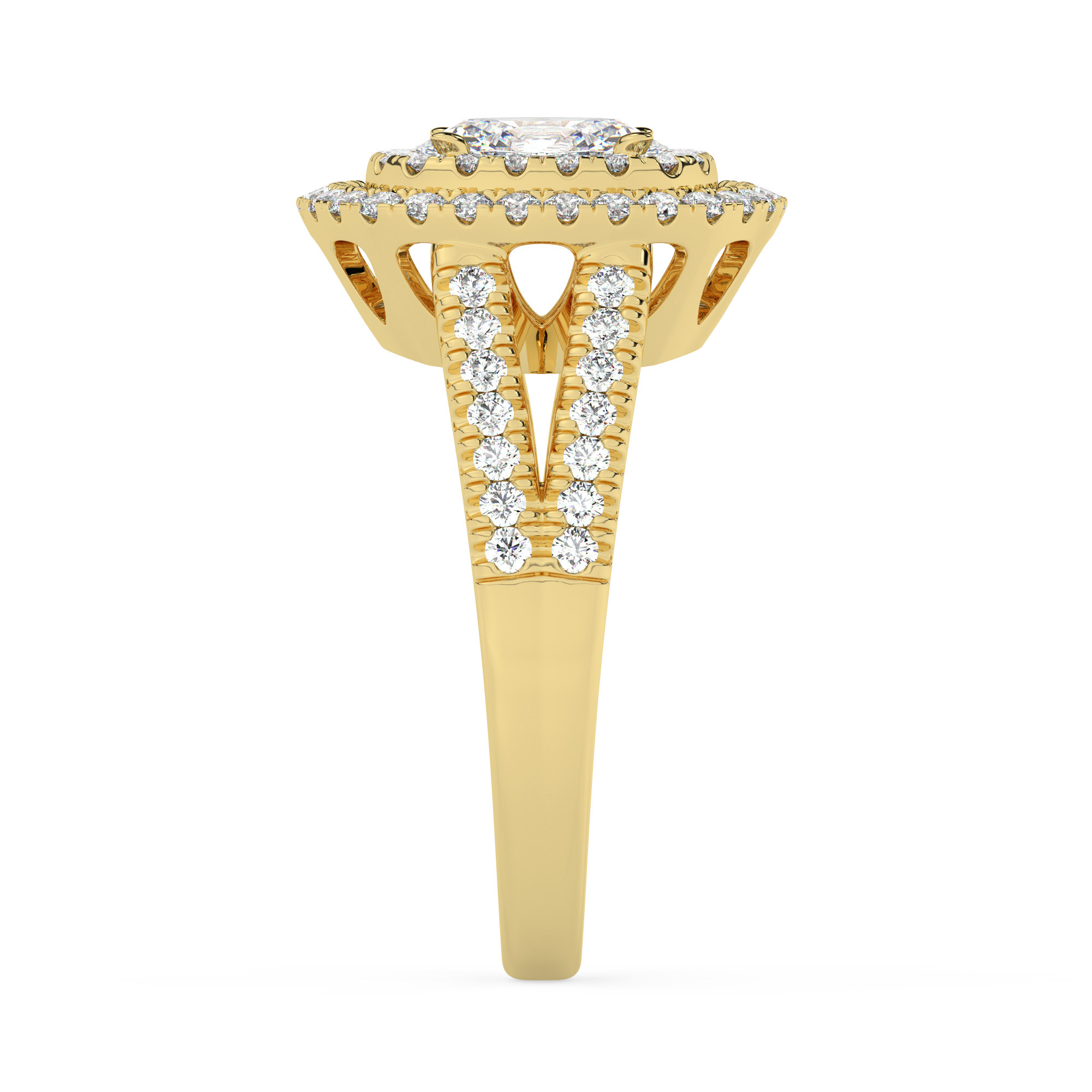 טבעת אירוסין היילו דגם 50025 כסף מצופה זהב צהוב במרכז אבן מעבדה מוסונייט 0.50 קראט בחיתוך אובל עם תעודה גמולוגית מסביב ובצדדים אבני מעבדה מוסונייט במשקל כולל של 0.62 קראט בחיתוך עגול – תמונה 4