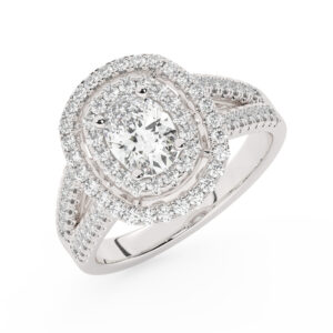 טבעת אירוסין היילו דגם 50025 כסף מצופה זהב לבן במרכז אבן מעבדה מוסונייט 0.75 קראט בחיתוך אובל עם תעודה גמולוגית מסביב ובצדדים אבני מעבדה מוסונייט במשקל כולל של 0.62 קראט בחיתוך עגול