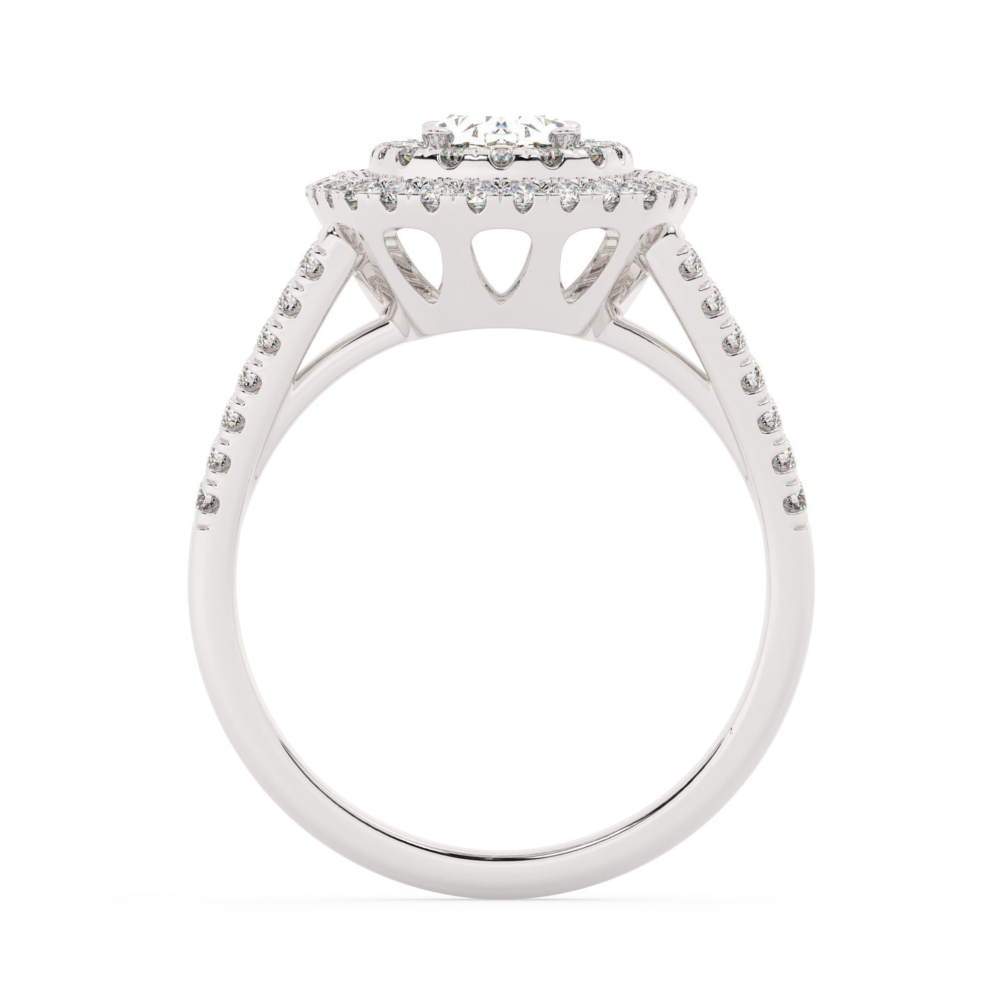 טבעת אירוסין היילו דגם 50025 כסף מצופה זהב לבן במרכז אבן מעבדה מוסונייט 0.75 קראט בחיתוך אובל עם תעודה גמולוגית מסביב ובצדדים אבני מעבדה מוסונייט במשקל כולל של 0.62 קראט בחיתוך עגול – תמונה 3