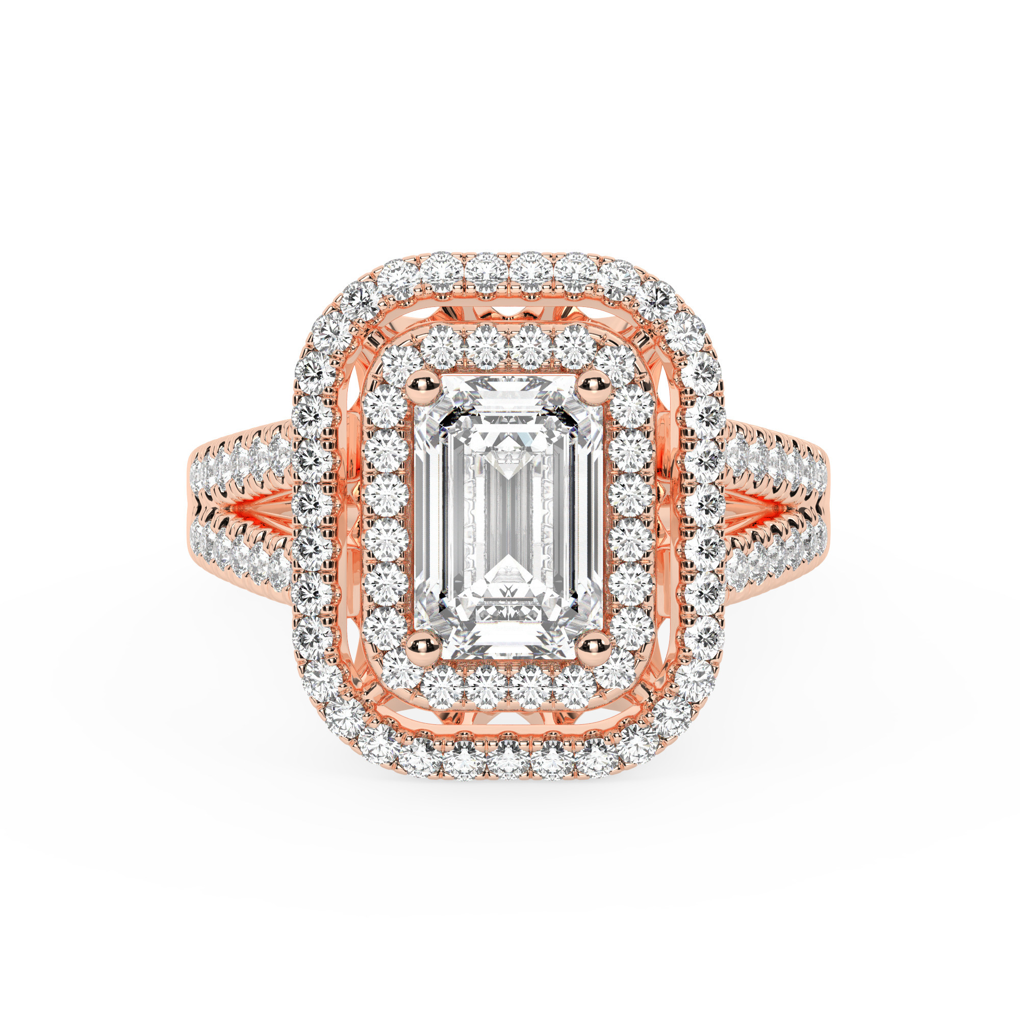 טבעת אירוסין היילו דגם 50025 כסף מצופה זהב אדום רוזגולד במרכז אבן מעבדה מוסונייט 1 קראט בחיתוך אמרלד עם תעודה גמולוגית בינלאומית GRA מסביב ובצדדים אבני מעבדה מוסונייט במשקל כולל של 0.62 קראט בחיתוך עגול – תמונה 2