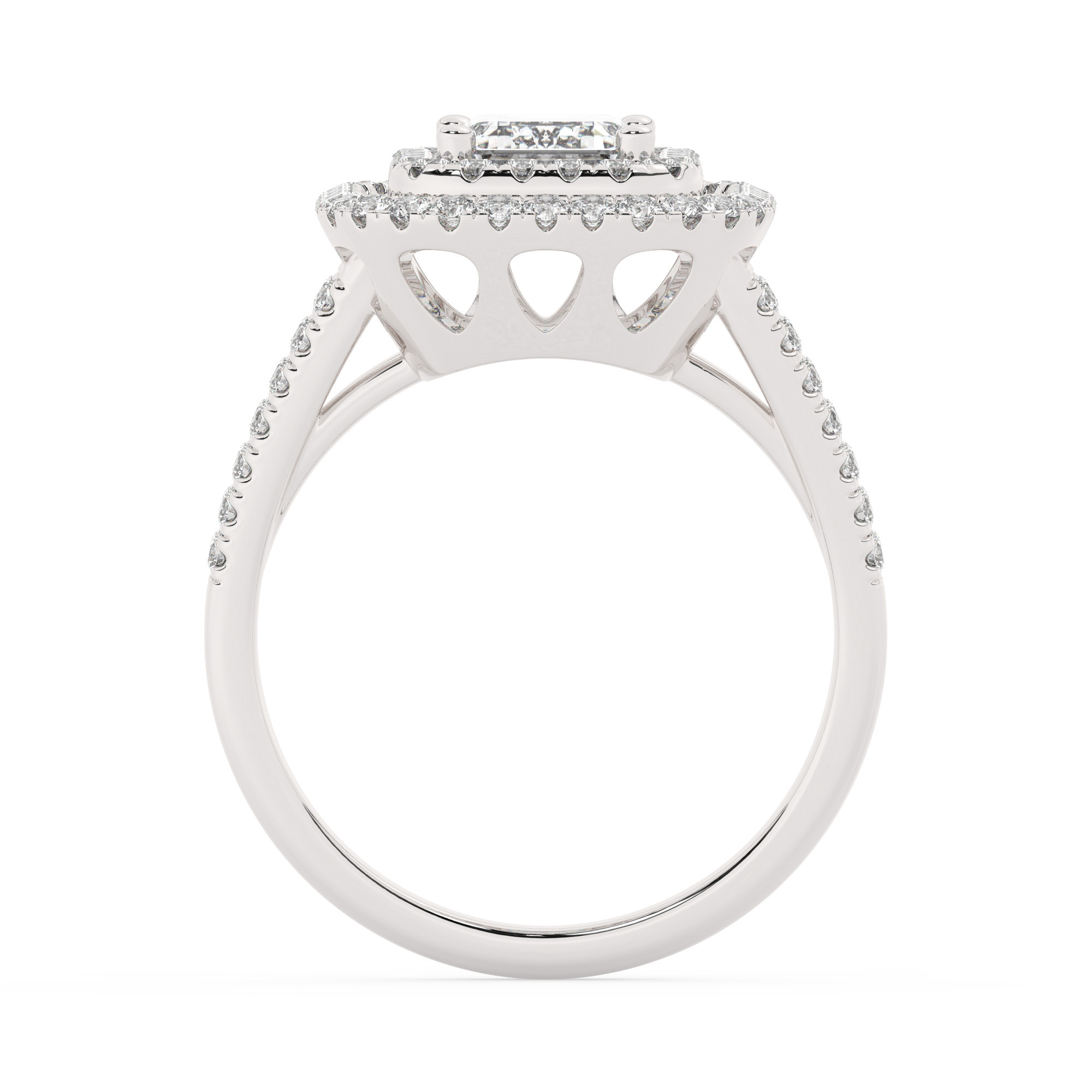 טבעת אירוסין היילו דגם 50025 כסף מצופה זהב לבן במרכז יהלום מעבדה 2.50 קראט בחיתוך אמרלד עם תעודה גמולוגית אירופאית IGI מסביב ובצדדים יהלומי מעבדה במשקל כולל של 0.62 קראט בחיתוך עגול – תמונה 3