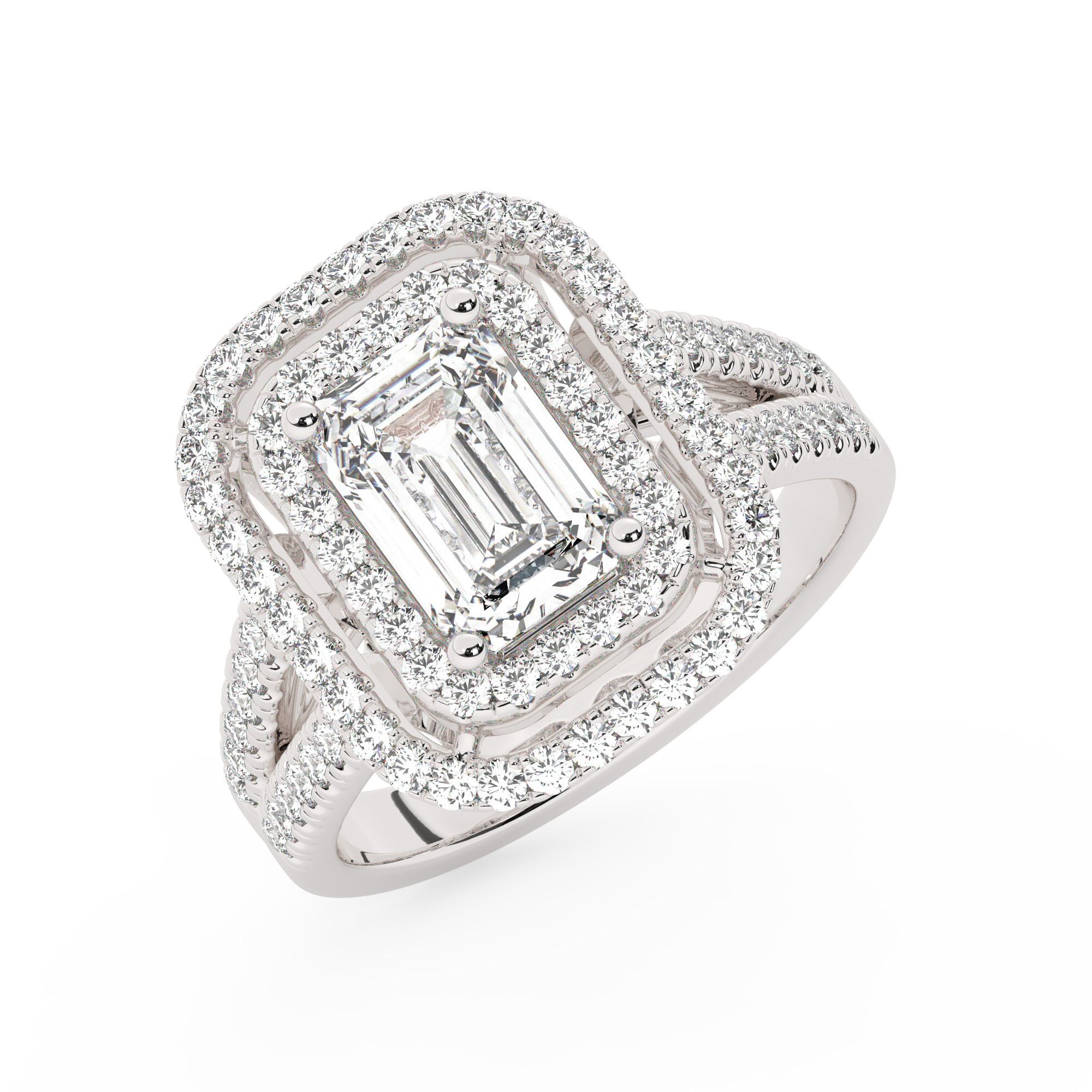 טבעת אירוסין היילו דגם 50025 כסף מצופה זהב לבן במרכז אבן מעבדה מוסונייט 3 קראט בחיתוך אמרלד עם תעודה גמולוגית בינלאומית GRA מסביב ובצדדים אבני מעבדה מוסונייט במשקל כולל של 0.62 קראט בחיתוך עגול