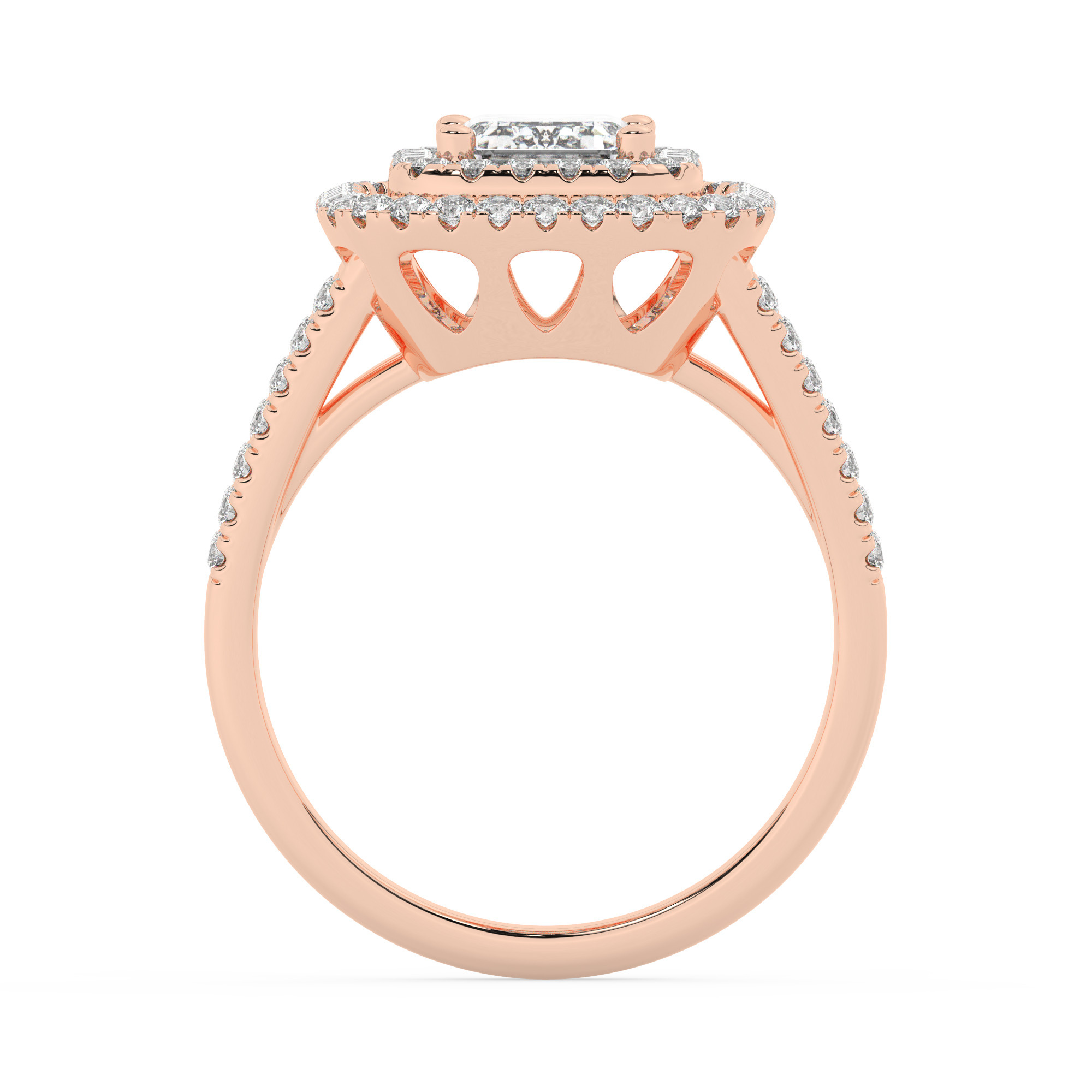 טבעת אירוסין היילו דגם 50025 כסף מצופה זהב אדום רוזגולד במרכז אבן מעבדה מוסונייט 4 קראט בחיתוך אמרלד עם תעודה גמולוגית בינלאומית GRA מסביב ובצדדים אבני מעבדה מוסונייט במשקל כולל של 0.62 קראט בחיתוך עגול – תמונה 3