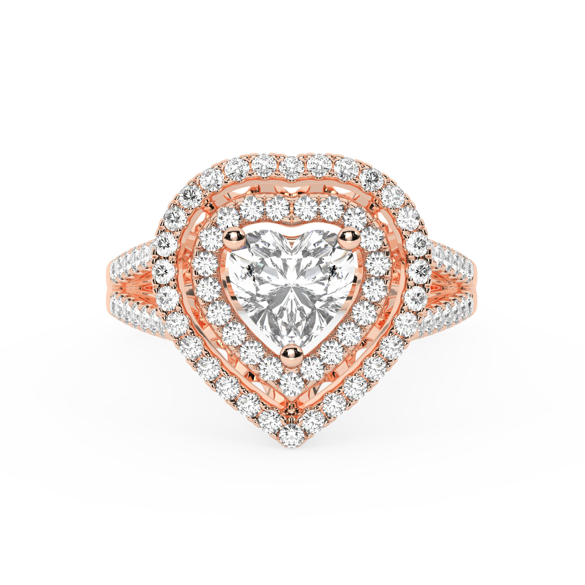 טבעת אירוסין היילו דגם 50025 כסף מצופה זהב אדום רוזגולד במרכז אבן מעבדה מוסונייט 1 קראט בחיתוך לב עם תעודה גמולוגית בינלאומית GRA מסביב ובצדדים אבני מעבדה מוסונייט במשקל כולל של 0.62 קראט בחיתוך עגול – תמונה 2