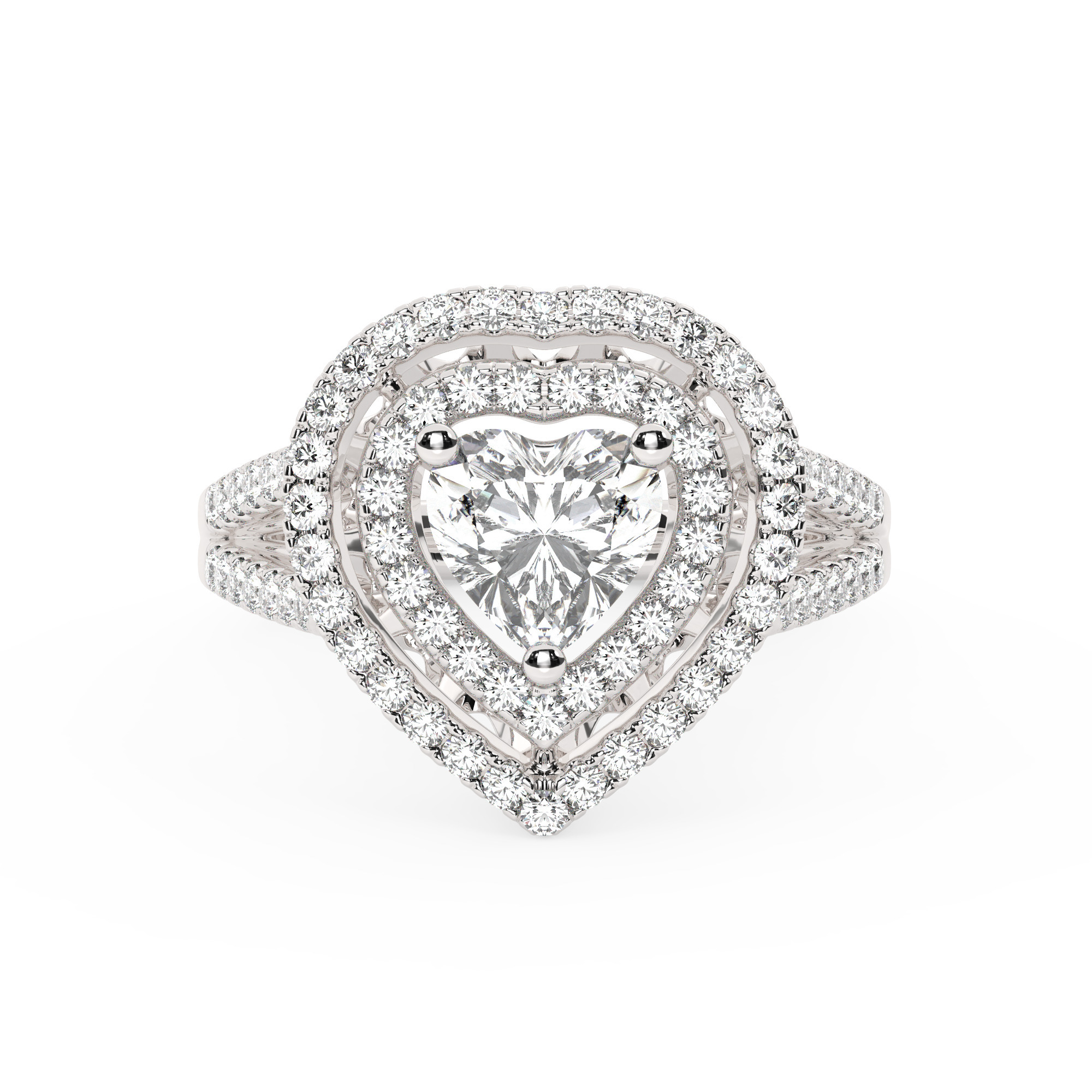 טבעת אירוסין היילו דגם 50025 כסף מצופה זהב לבן במרכז אבן מעבדה מוסונייט 3 קראט בחיתוך לב עם תעודה גמולוגית בינלאומית GRA מסביב ובצדדים אבני מעבדה מוסונייט במשקל כולל של 0.62 קראט בחיתוך עגול – תמונה 2