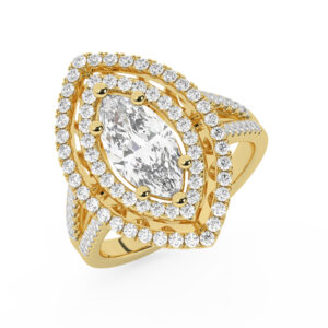 טבעת אירוסין היילו דגם 50025 כסף מצופה זהב צהוב במרכז אבן מעבדה מוסונייט 2 קראט בחיתוך מרקיזה עם תעודה גמולוגית בינלאומית GRA מסביב ובצדדים אבני מעבדה מוסונייט במשקל כולל של 0.62 קראט בחיתוך עגול