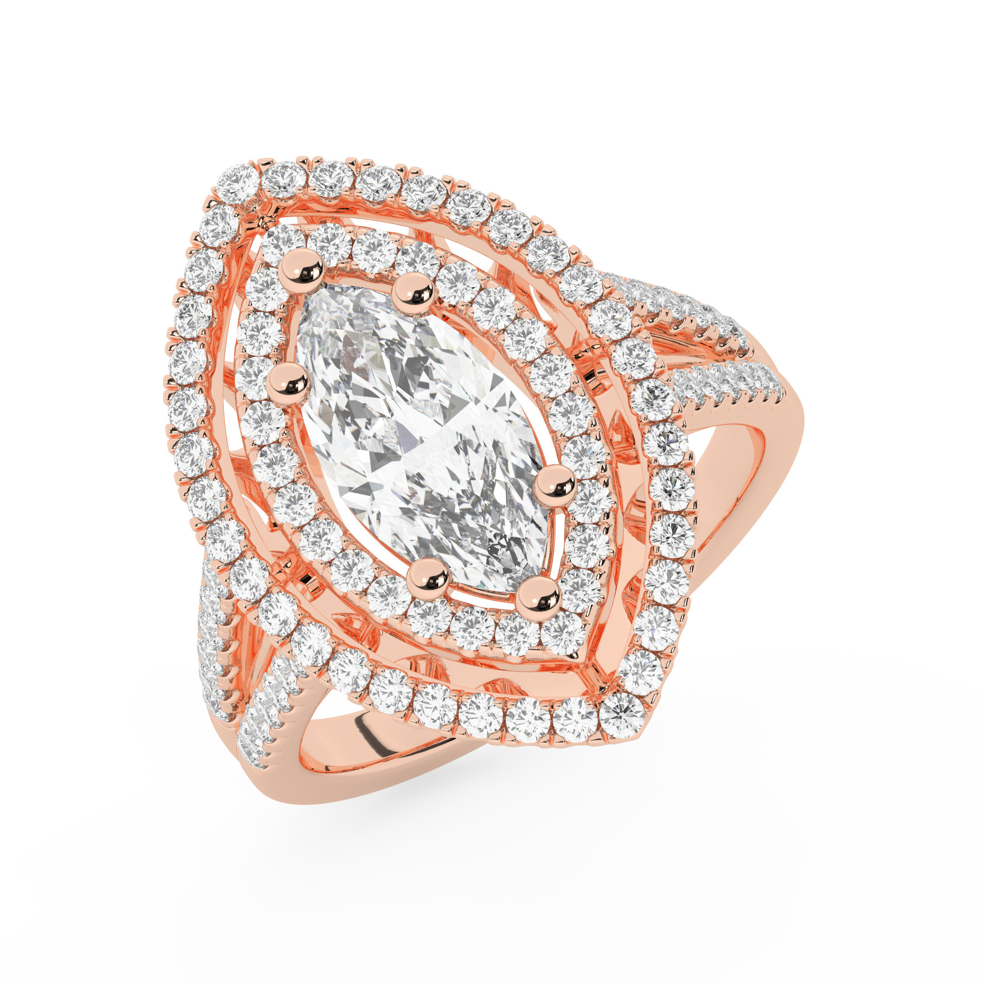 טבעת אירוסין היילו דגם 50025 כסף מצופה זהב אדום רוזגולד במרכז אבן מעבדה מוסונייט 4 קראט בחיתוך מרקיזה עם תעודה גמולוגית בינלאומית GRA מסביב ובצדדים אבני מעבדה מוסונייט במשקל כולל של 0.62 קראט בחיתוך עגול