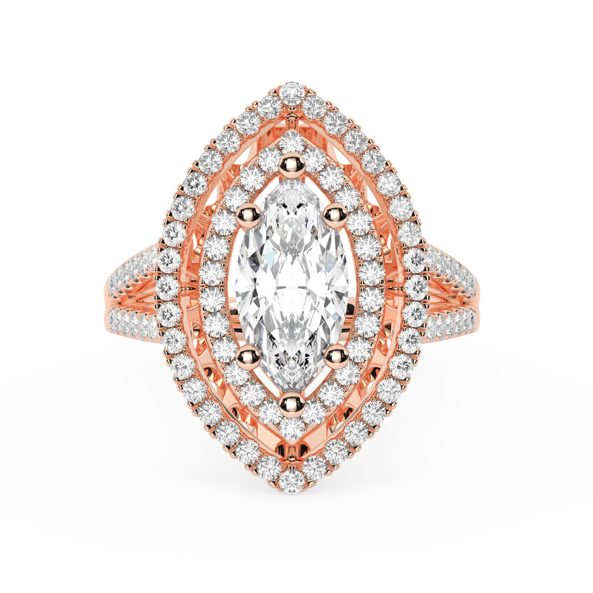 טבעת אירוסין היילו דגם 50025 כסף מצופה זהב אדום רוזגולד במרכז אבן מעבדה מוסונייט 4 קראט בחיתוך מרקיזה עם תעודה גמולוגית בינלאומית GRA מסביב ובצדדים אבני מעבדה מוסונייט במשקל כולל של 0.62 קראט בחיתוך עגול – תמונה 2