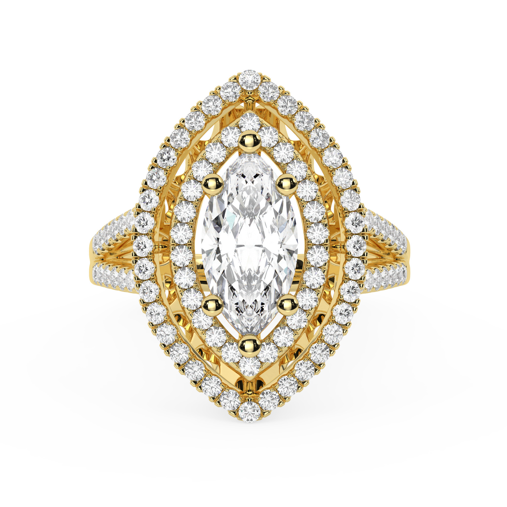 טבעת אירוסין היילו דגם 50025 כסף מצופה זהב צהוב במרכז יהלום מעבדה 5 קראט בחיתוך מרקיזה עם תעודה גמולוגית אירופאית IGI מסביב ובצדדים יהלומי מעבדה במשקל כולל של 0.62 קראט בחיתוך עגול – תמונה 2