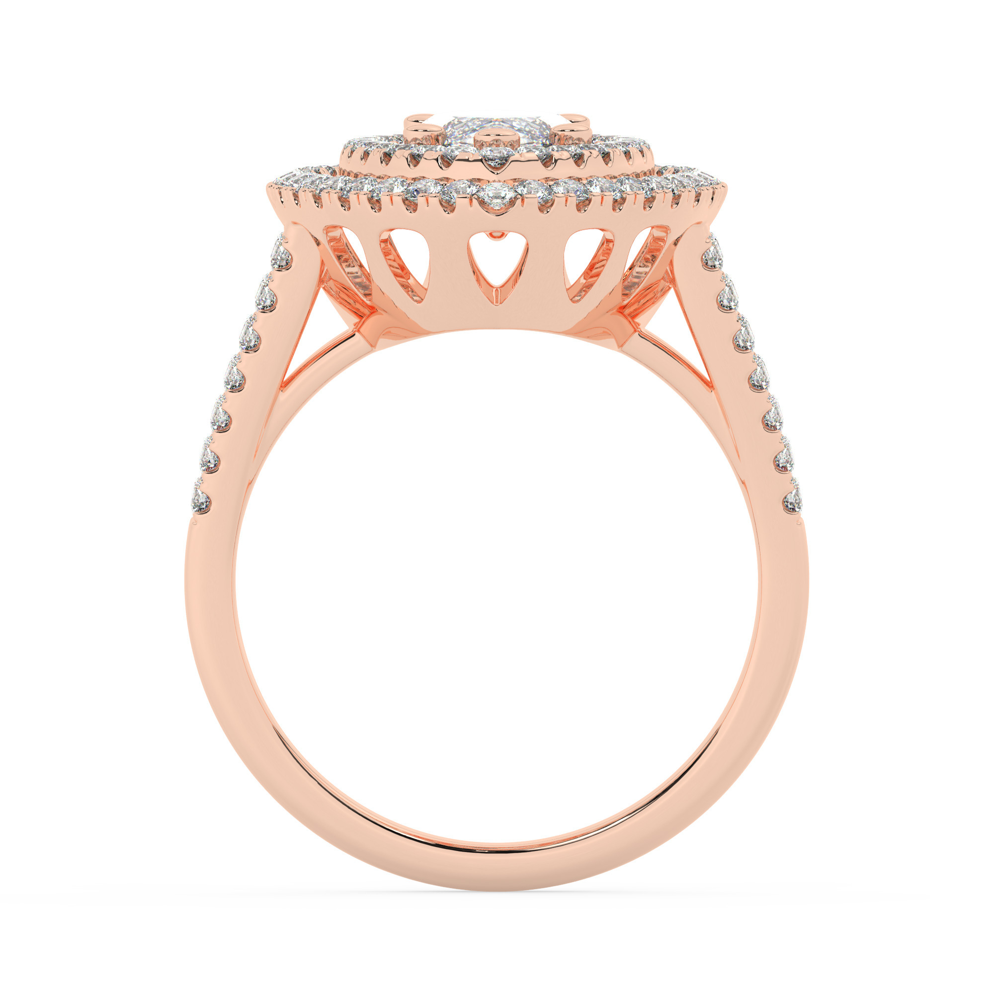 טבעת אירוסין היילו דגם 50025 כסף מצופה זהב אדום רוזגולד במרכז אבן מעבדה מוסונייט 0.75 קראט בחיתוך מרקיזה עם תעודה גמולוגית מסביב ובצדדים אבני מעבדה מוסונייט במשקל כולל של 0.62 קראט בחיתוך עגול – תמונה 3